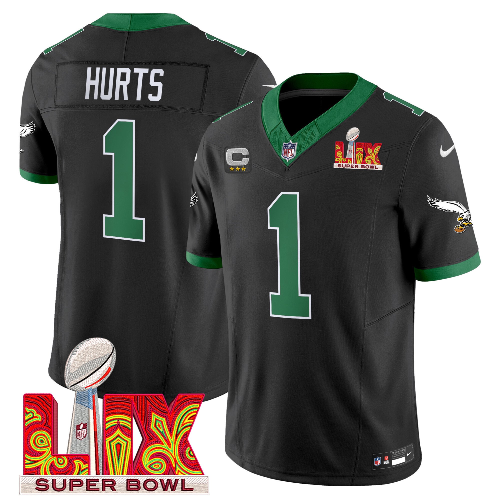 Jalen Hurts 1 Philadelphia Eagles Kelly Green Super Bowl Champions Lix Patch Vapor Limited Jersey - Black Js1963