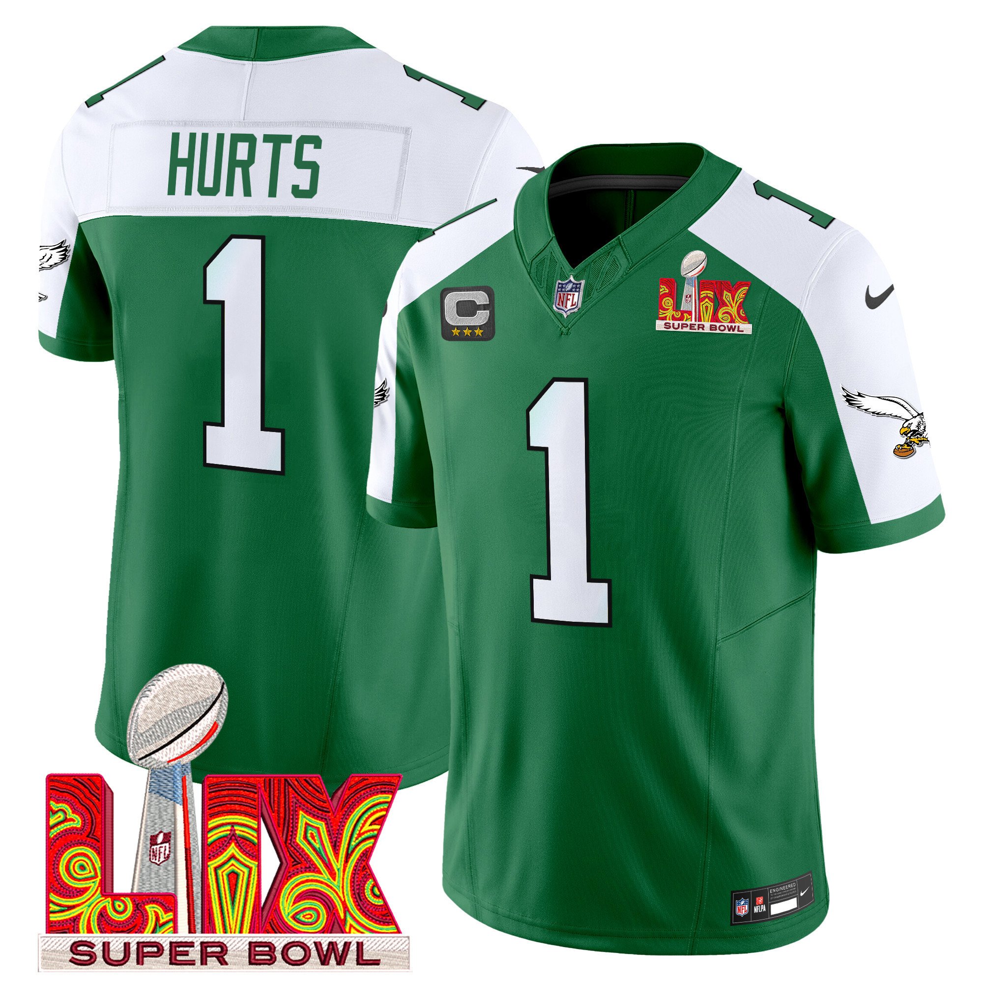 Jalen Hurts 1 Philadelphia Eagles Kelly Green Super Bowl Champions Lix Patch Vapor Limited Jersey - Kelly Alternate Js3152