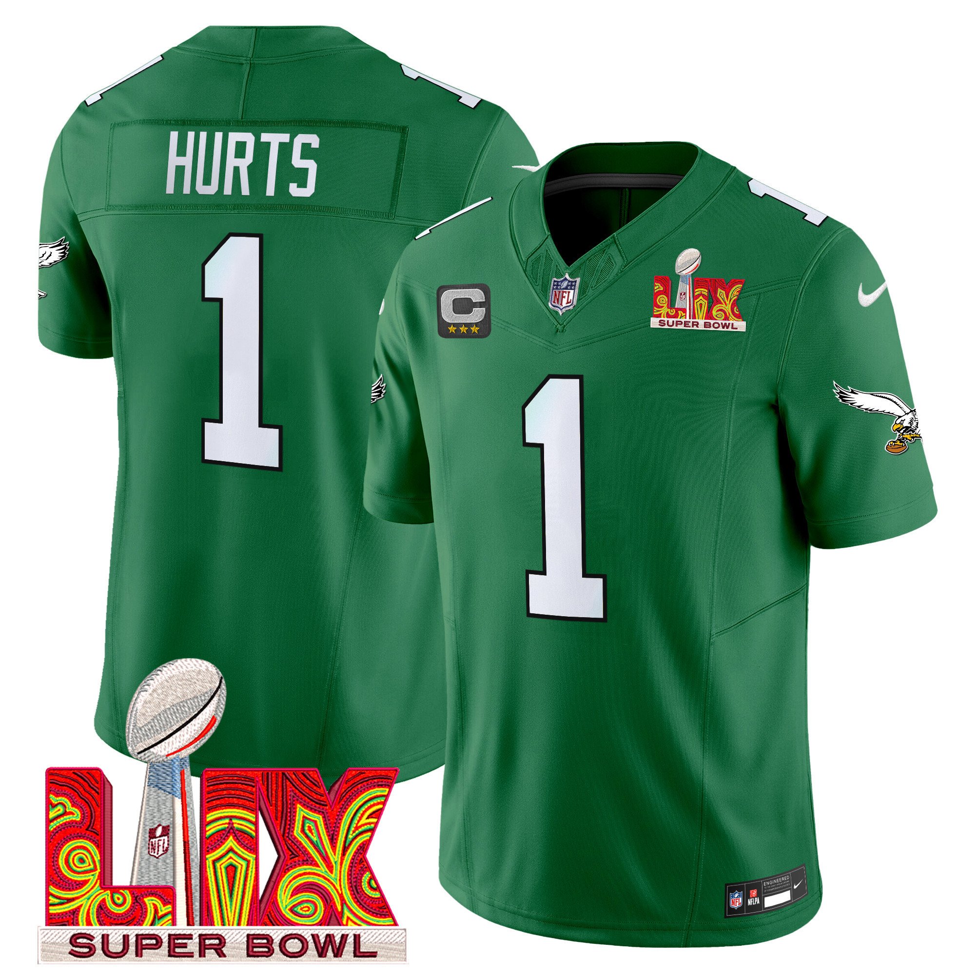 Jalen Hurts 1 Philadelphia Eagles Kelly Green Super Bowl Champions Lix Patch Vapor Limited Jersey - Kelly Green Js8026
