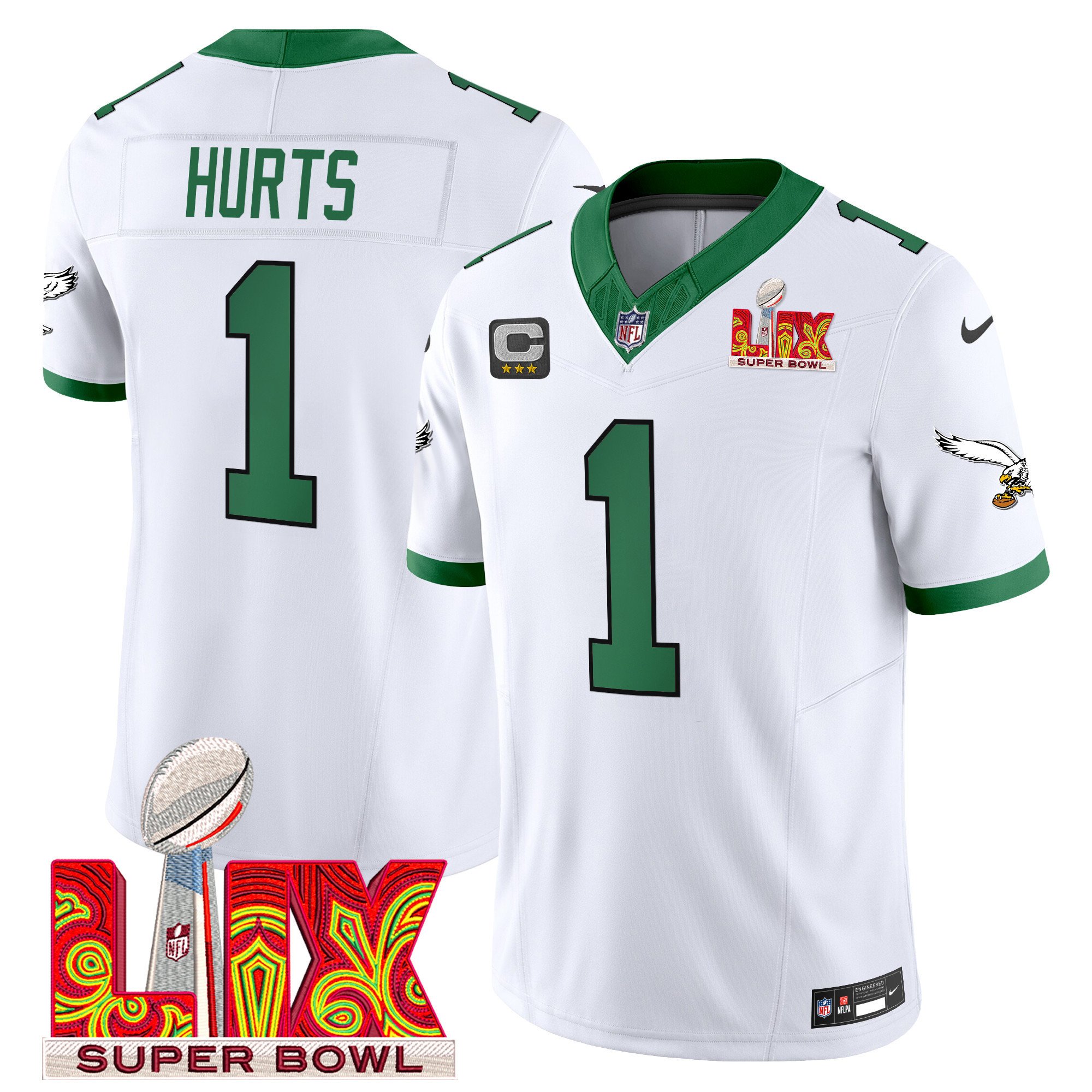 Jalen Hurts 1 Philadelphia Eagles Kelly Green Super Bowl Champions Lix Patch Vapor Limited Jersey - White Js8497