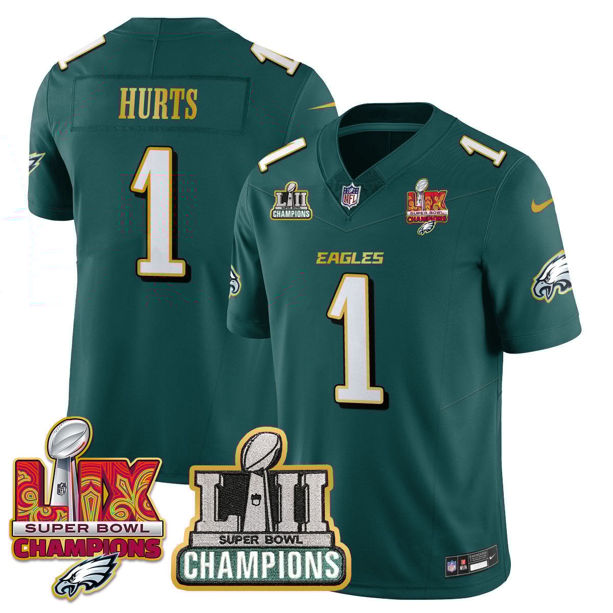 Jalen Hurts 1 Philadelphia Eagles Lii-lix Super Bowl Champions Vapor Limited Gold Jersey - Midnight Green Js4140