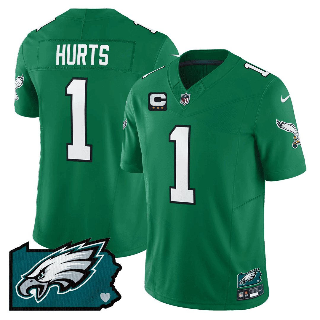 Jalen Hurts 1 Philadelphia Eagles Pennsylvania State Map Patch Alternate Game Men Jersey - Kelly Green Js1514