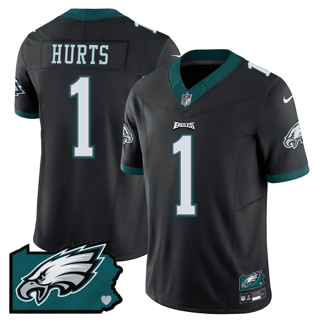 Jalen Hurts 1 Philadelphia Eagles Pennsylvania State Map Patch Game Men Jersey - Black Js2640