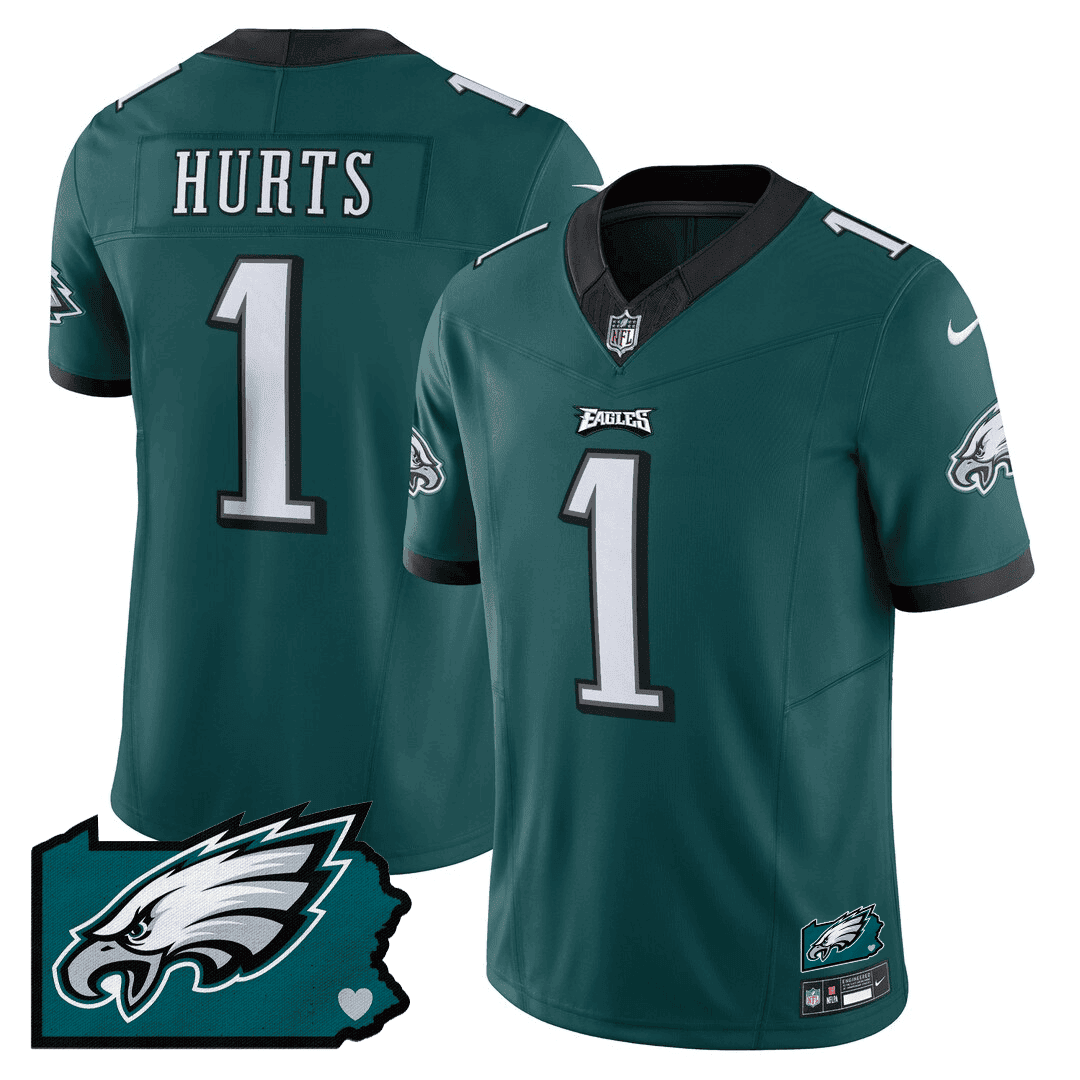 Jalen Hurts 1 Philadelphia Eagles Pennsylvania State Map Patch Game Men Jersey - Midnight Green Js2685