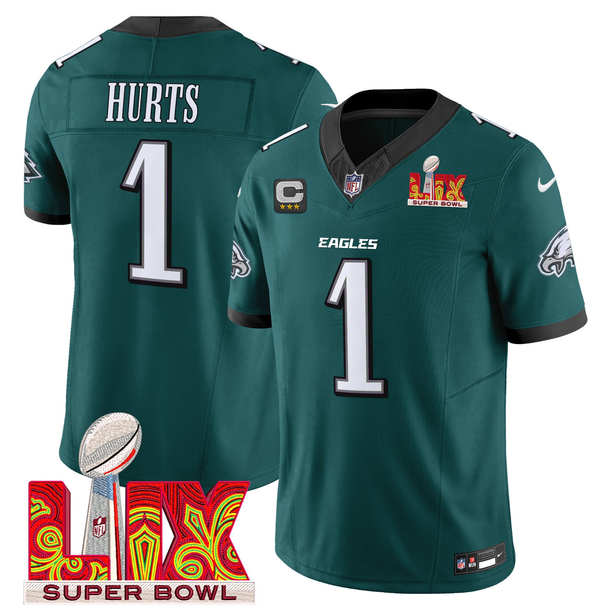 Jalen Hurts 1 Philadelphia Eagles Super Bowl Champions Lix Patch Vapor Limited Jersey - Midnight Green Js8682