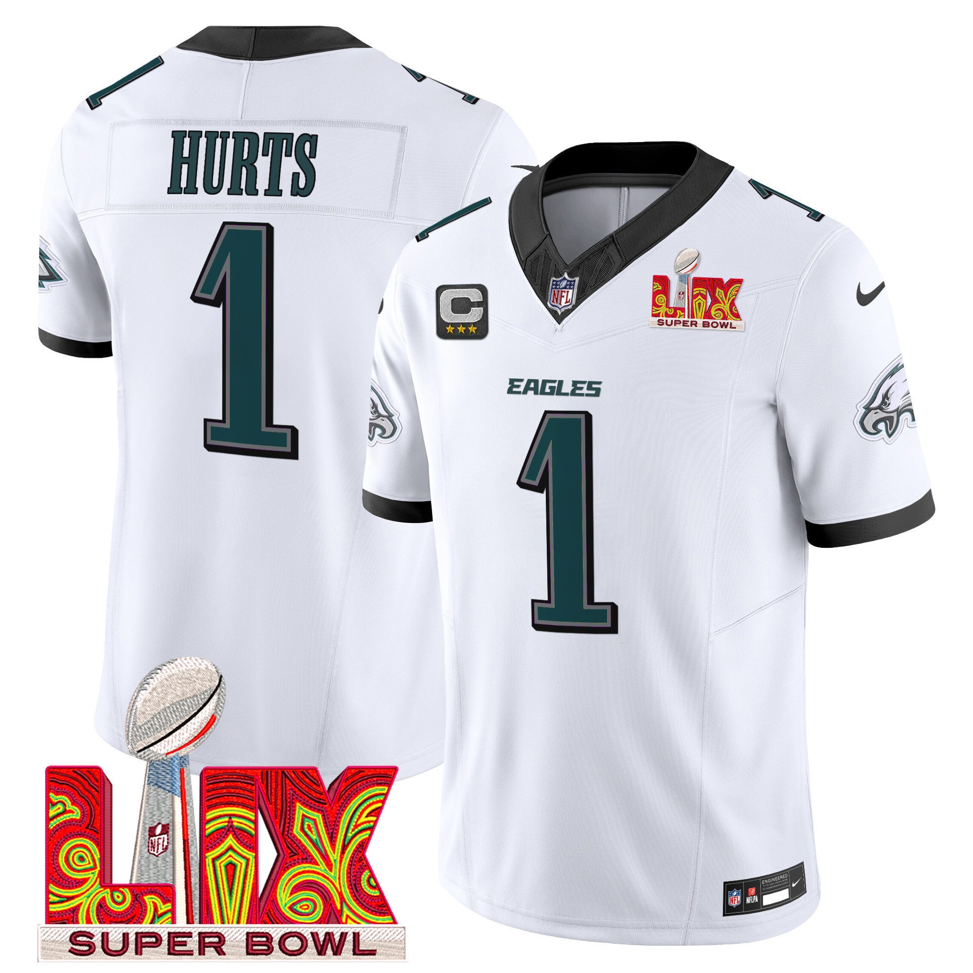 Jalen Hurts 1 Philadelphia Eagles Super Bowl Champions Lix Patch Vapor Limited Jersey - White Js3506
