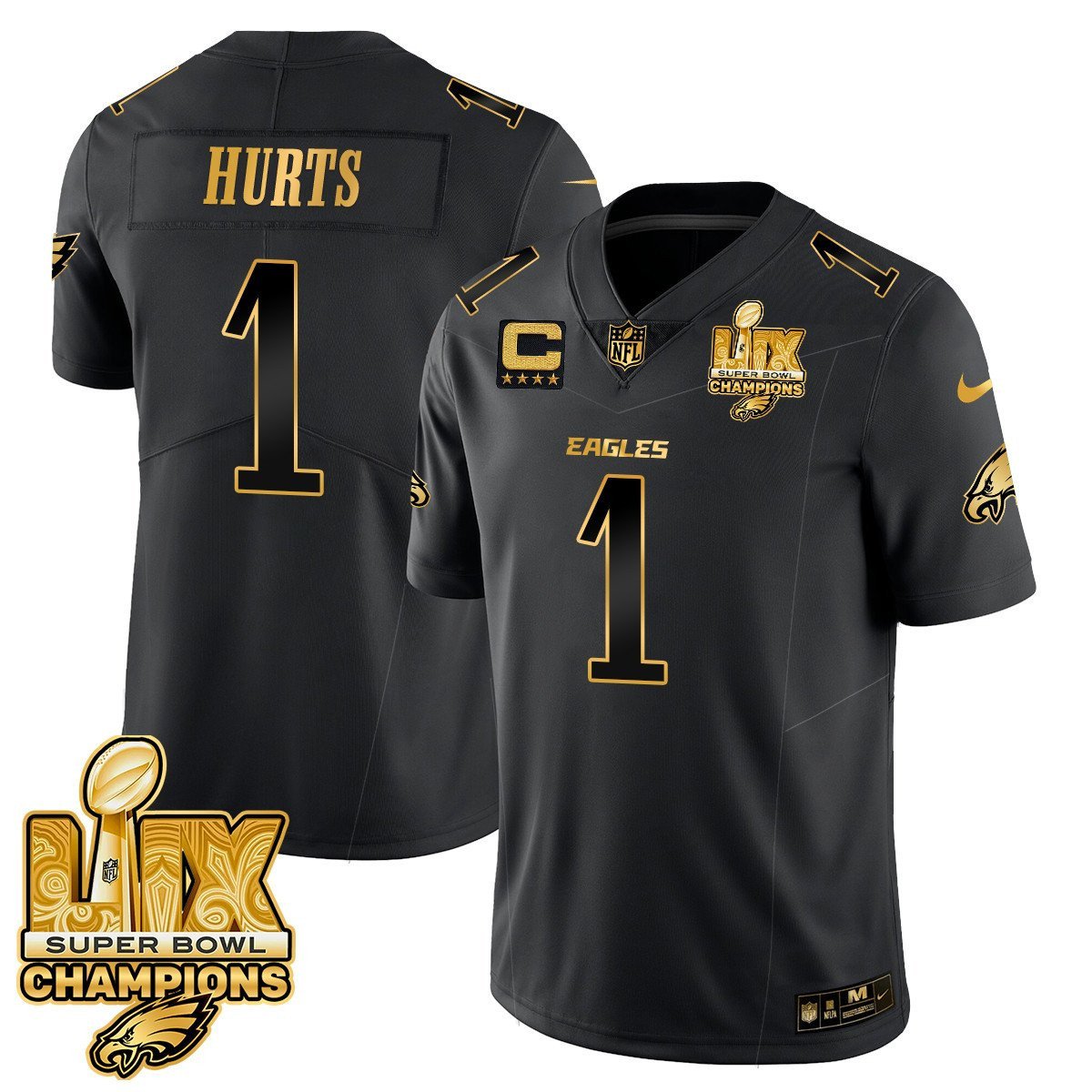 Jalen Hurts 1 Philadelphia Eagles Super Bowl Lix Champions Gold Vapor Limited Jersey - Black Gold Js1428