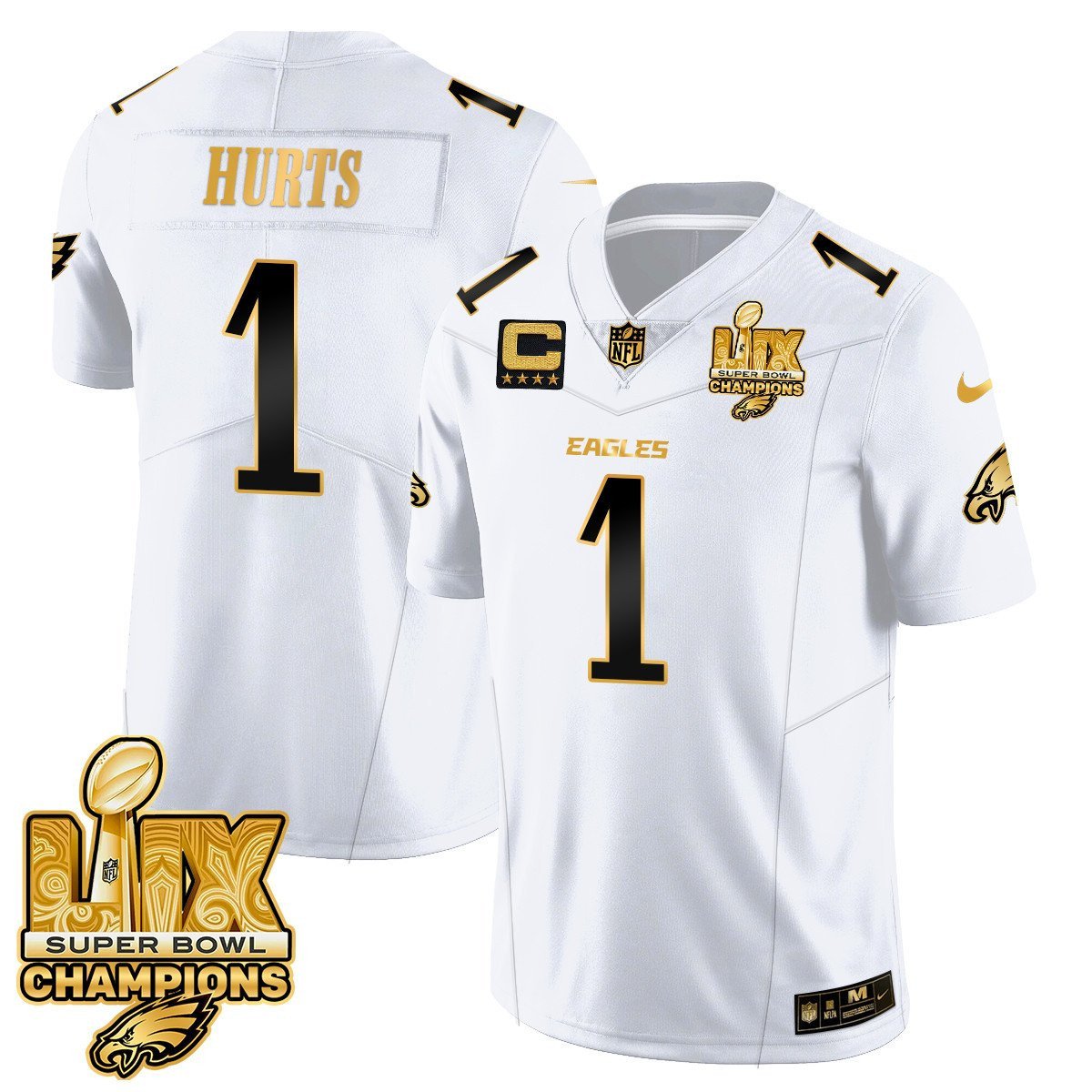 Jalen Hurts 1 Philadelphia Eagles Super Bowl Lix Champions Gold Vapor Limited Jersey - White Gold Js2866