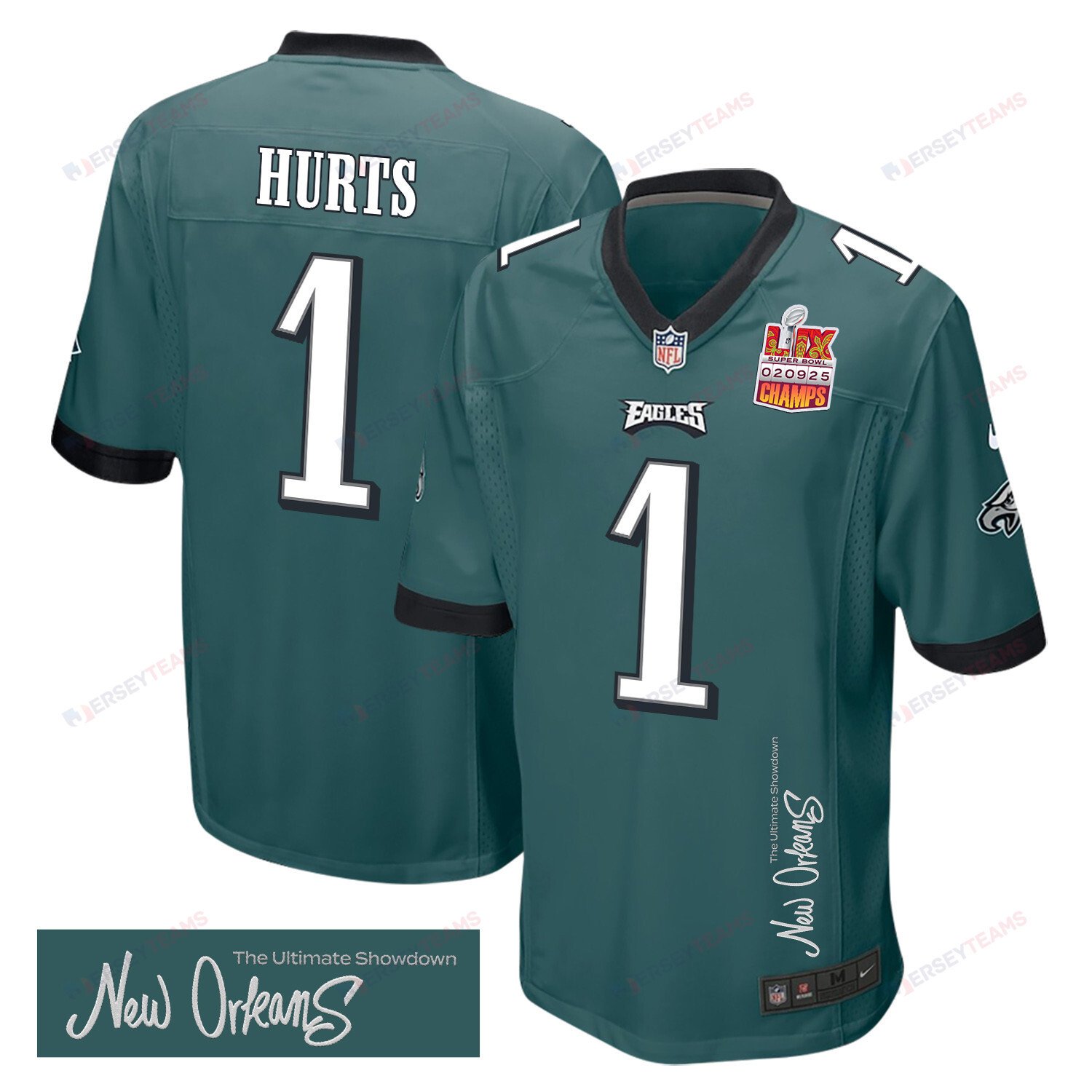 Jalen Hurts 1 Philadelphia Eagles Super Bowl Lix Champions Patch 'new Orleans - The Ultimate Showdown' Embroidered Game Men Jersey - Midnight Green Js5948