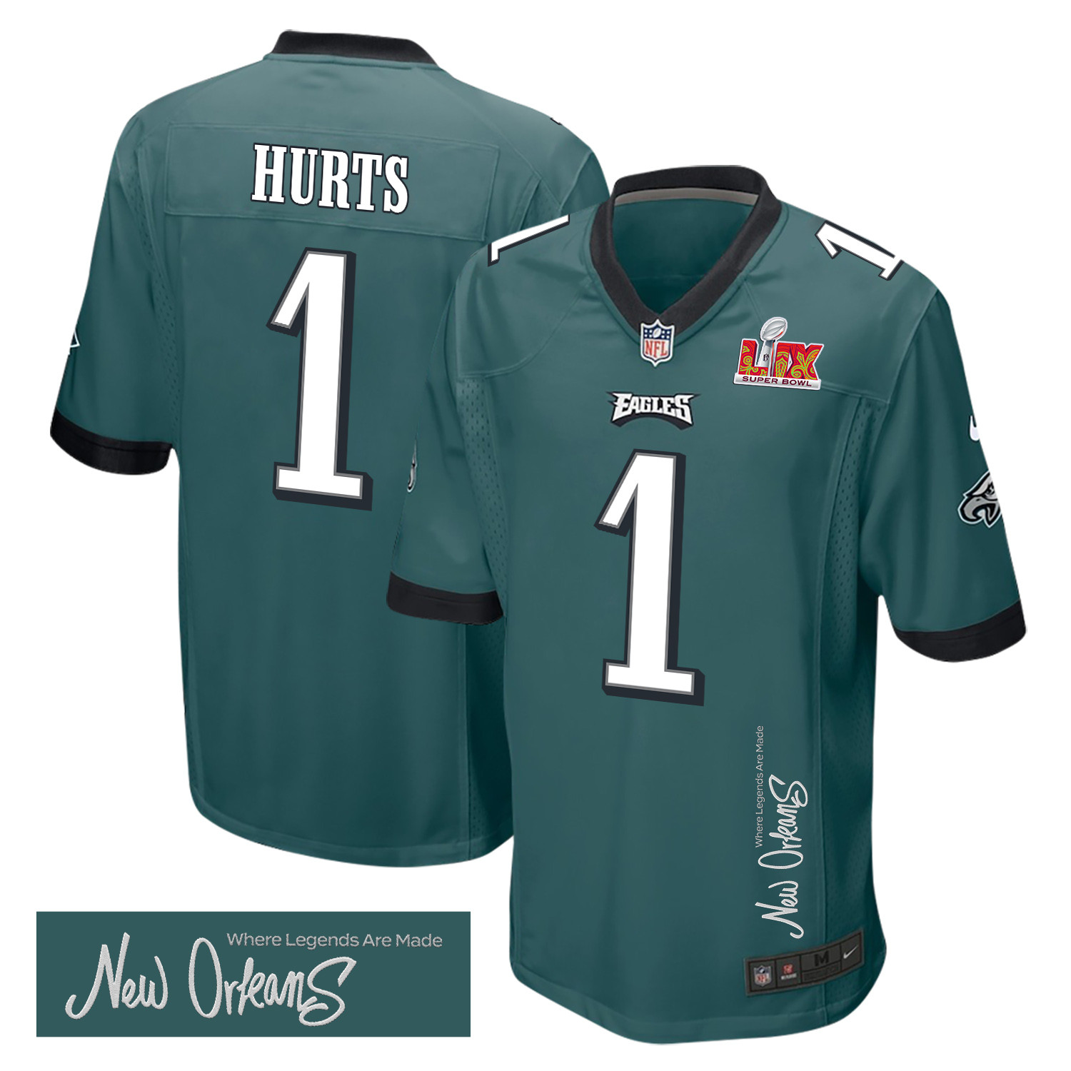 Jalen Hurts 1 Philadelphia Eagles Super Bowl Lix 'new Orleans - Where Legends Are Made' Embroidered Game Men Jersey - Midnight Green Js7792