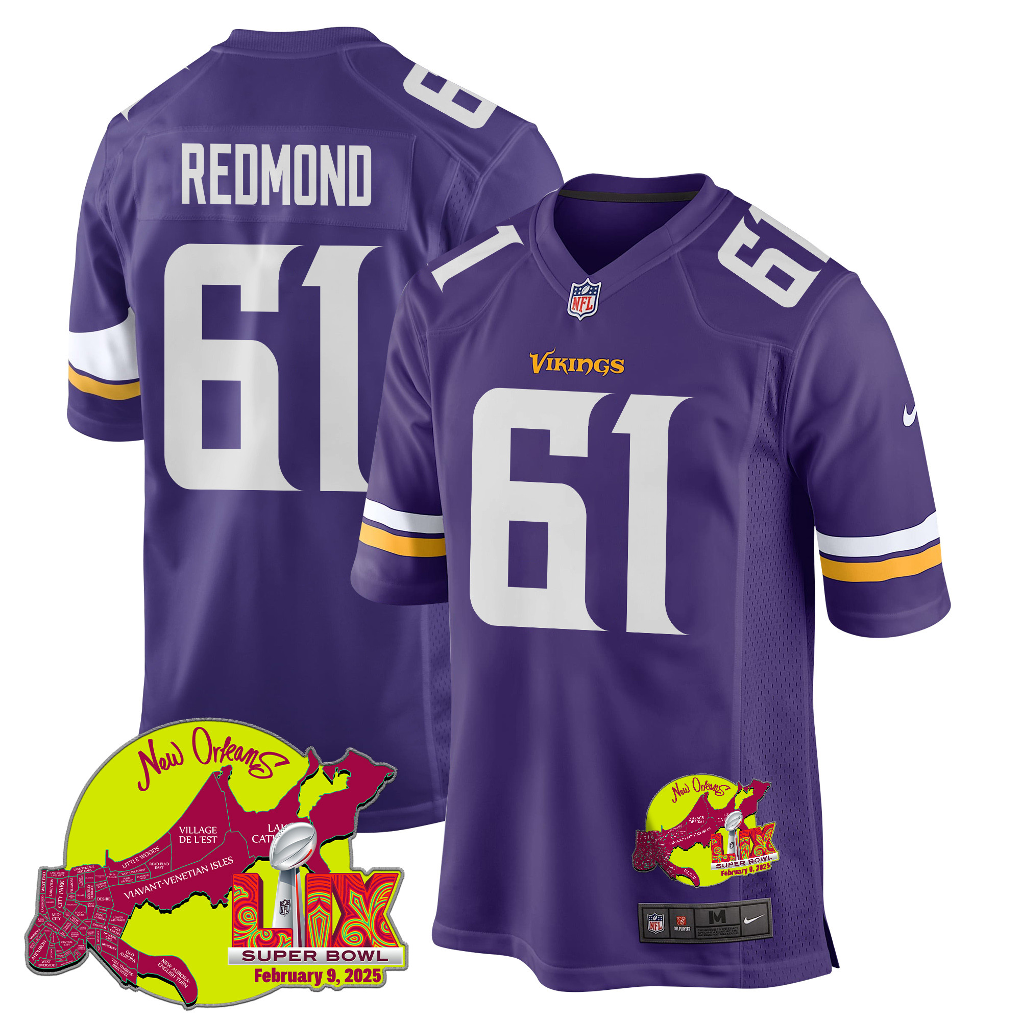 Jalen Redmond 61 Minnesota Vikings Super Bowl Lix New Orleans Patch Game Men Jersey - Purple Js4371