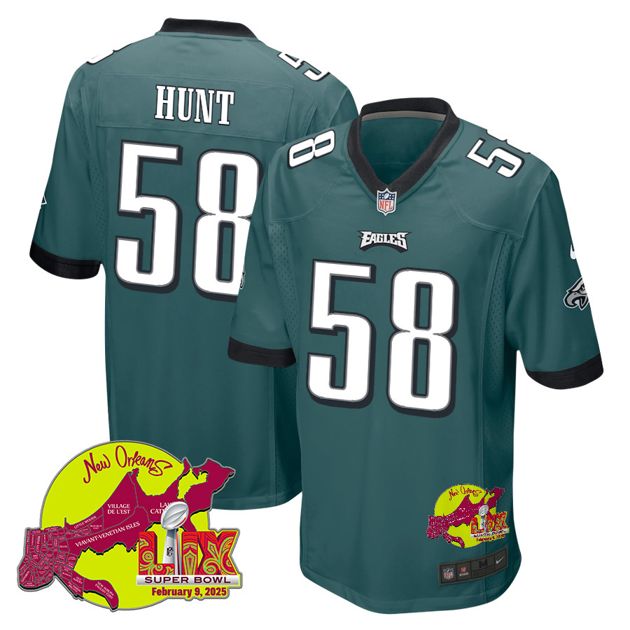 Jalyx Hunt 58 Philadelphia Eagles Super Bowl Lix New Orleans Patch Game Men Jersey - Midnight Green Js7596