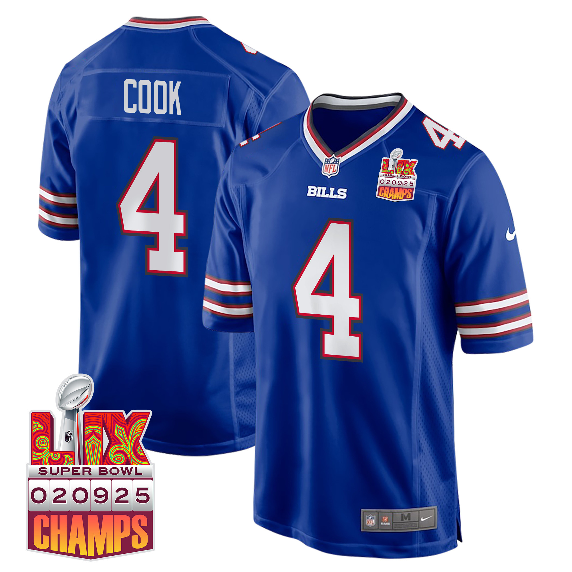 James Cook 4 Buffalo Bills Super Bowl Lix Champions Patch Game Men Jersey - Royal Js8733