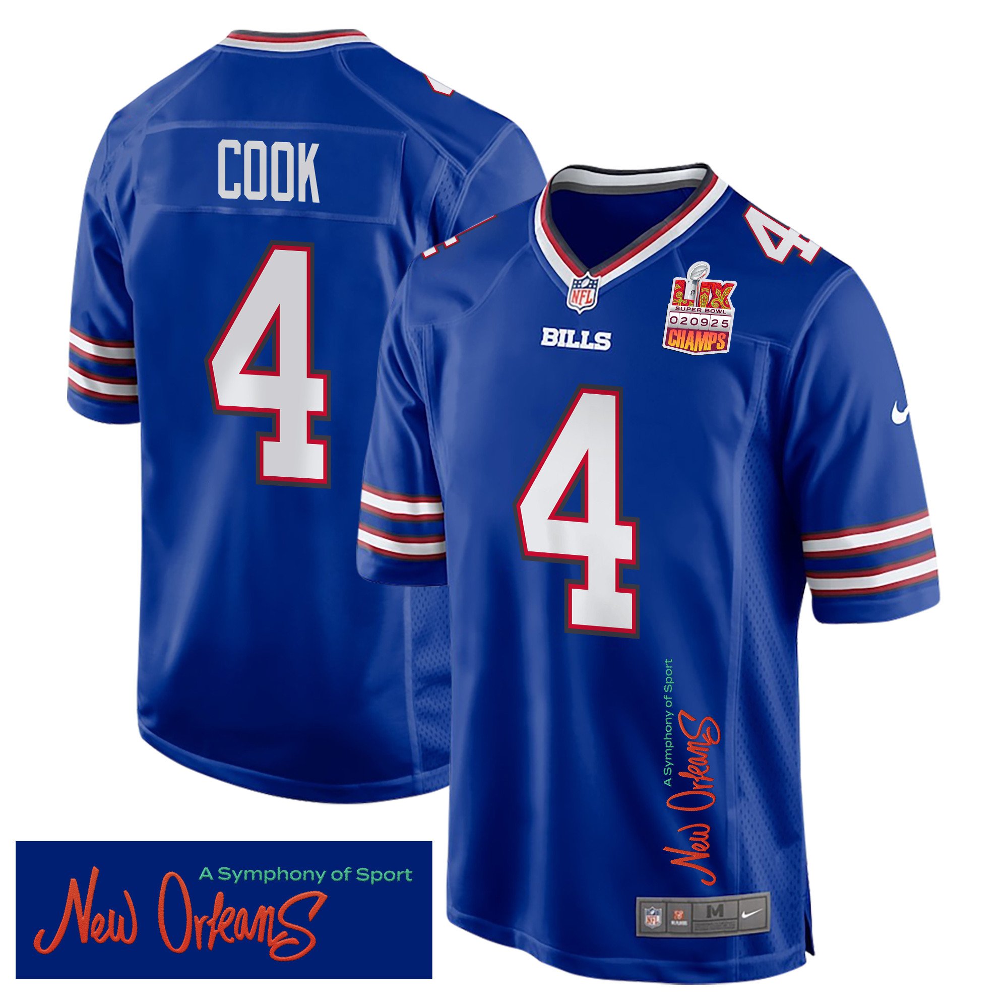 James Cook 4 Buffalo Bills Super Bowl Lix Champions Patch 'new Orleans - A Symphony Of Sport' Embroidered Game Men Jersey - Royal Js4660