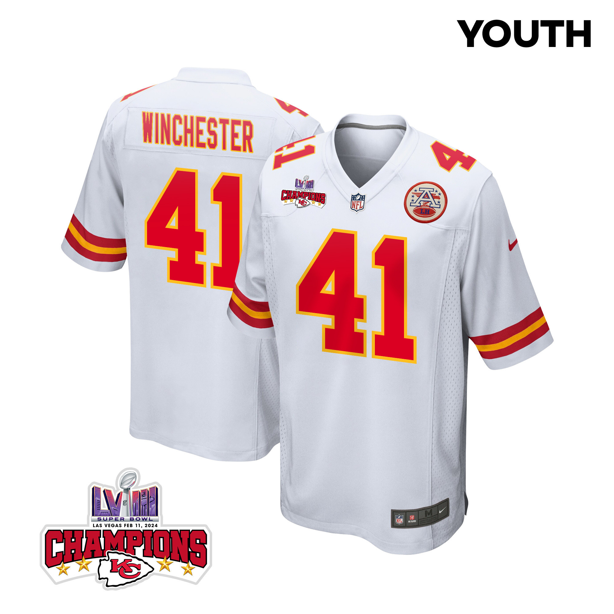 James Winchester 41 Kansas City Chiefs Super Bowl Lviii Champions 4 Stars Patch Game Youth Jersey - White Js3210