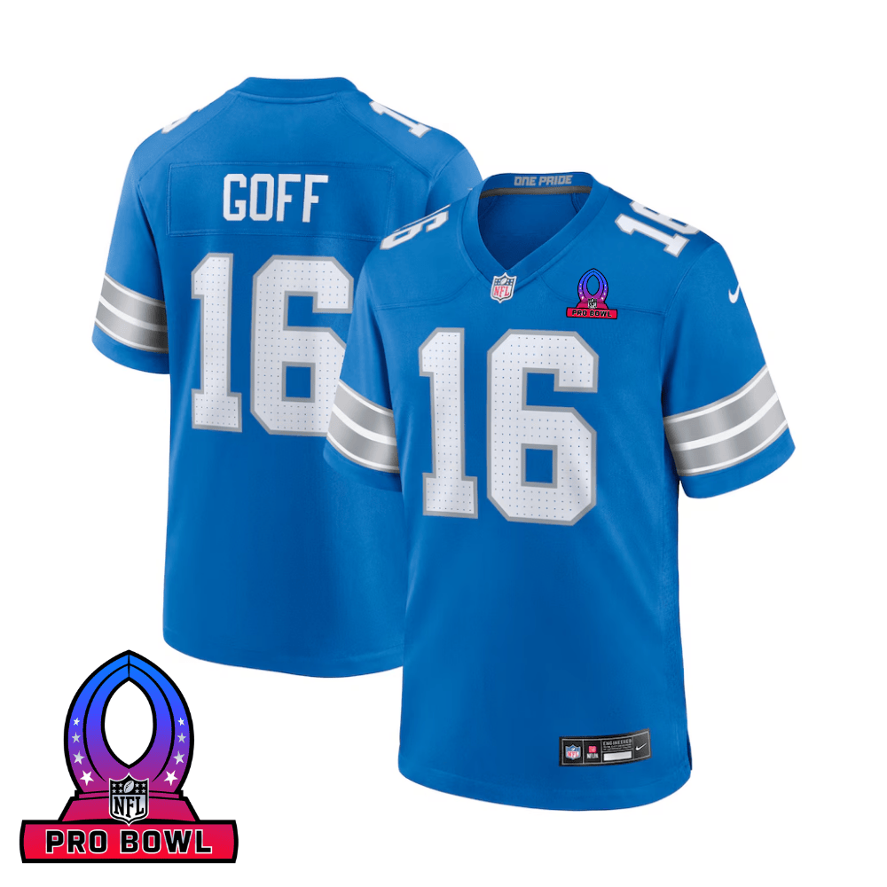 Jared Goff 16 Detroit Lions 2025 Pro Bowl Patch Game Men Jersey - Blue Js9577