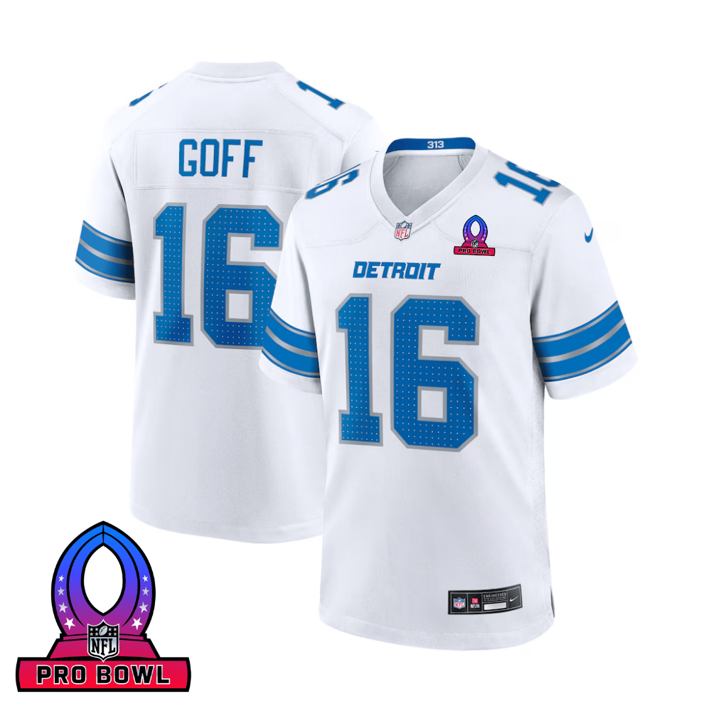 Jared Goff 16 Detroit Lions 2025 Pro Bowl Patch Game Men Jersey - White Js3094