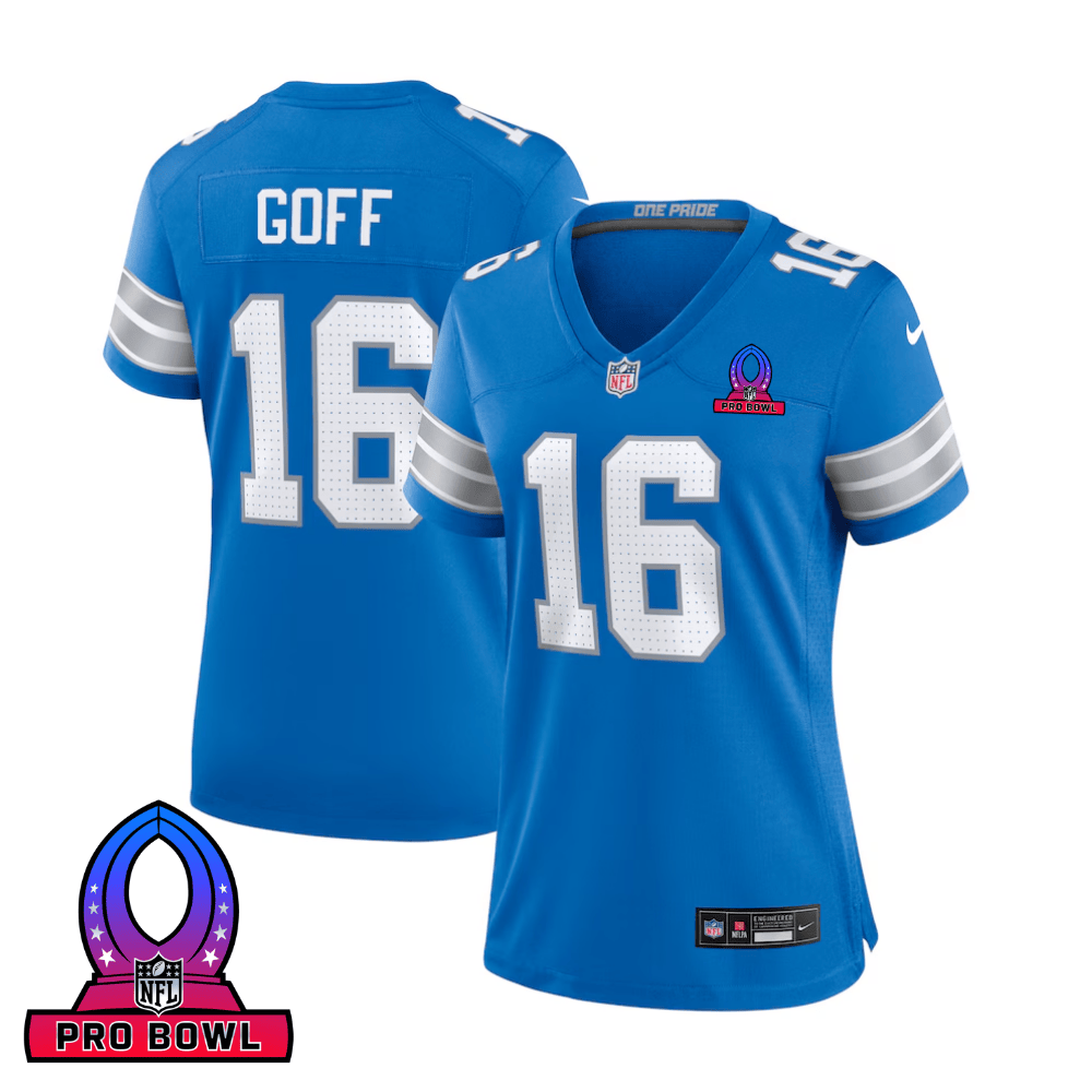 Jared Goff 16 Detroit Lions 2025 Pro Bowl Patch Women Game Jersey - Blue Js5722