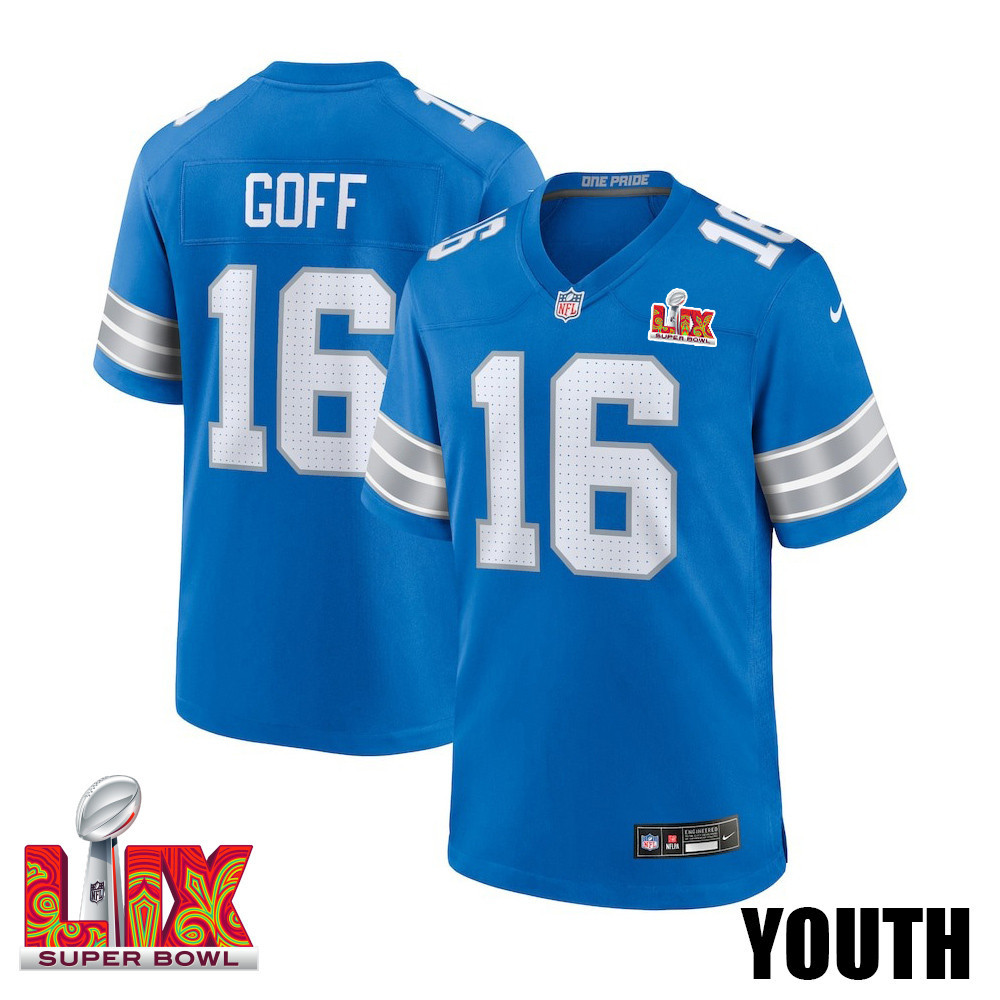 Jared Goff #16 Detroit Lions Super Bowl Lix Youth Jersey - Blue Js7506
