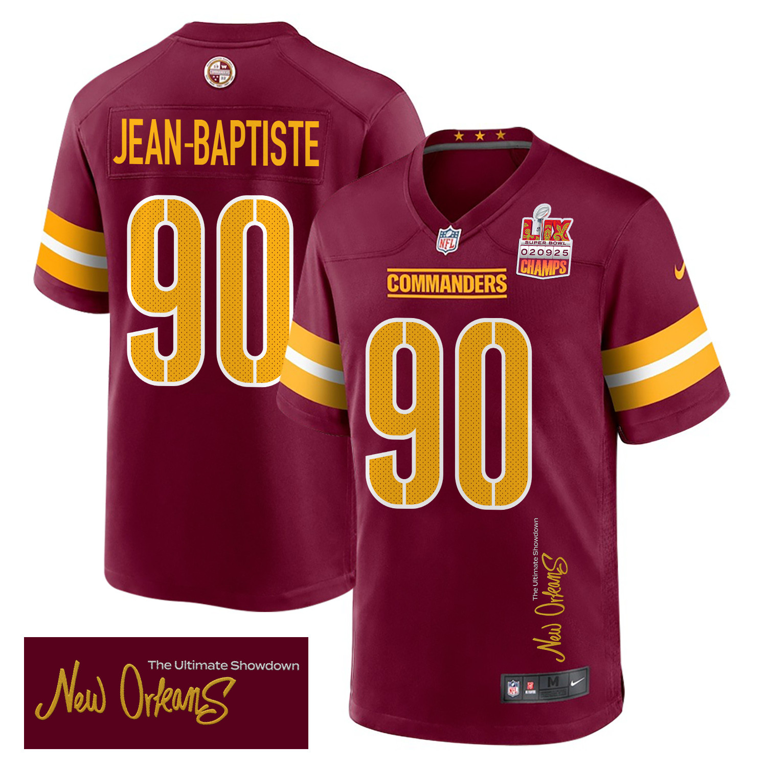Javontae Jean-baptiste 90 Washington Commanders Super Bowl Lix Champions Patch 'new Orleans - The Ultimate Showdown' Embroidered Game Men Jersey - Burgundy Js8849