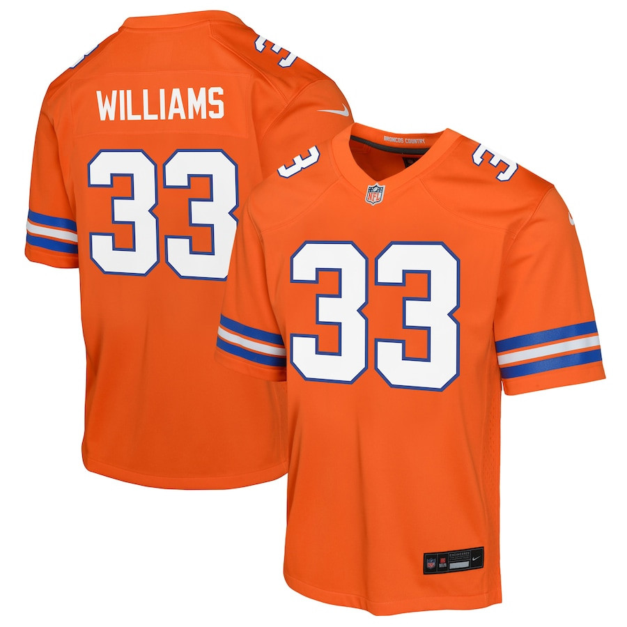 Javonte Williams 33 Denver Broncos Mile High Collection 1977 Throwback Game Youth Jersey - Orange Js7651