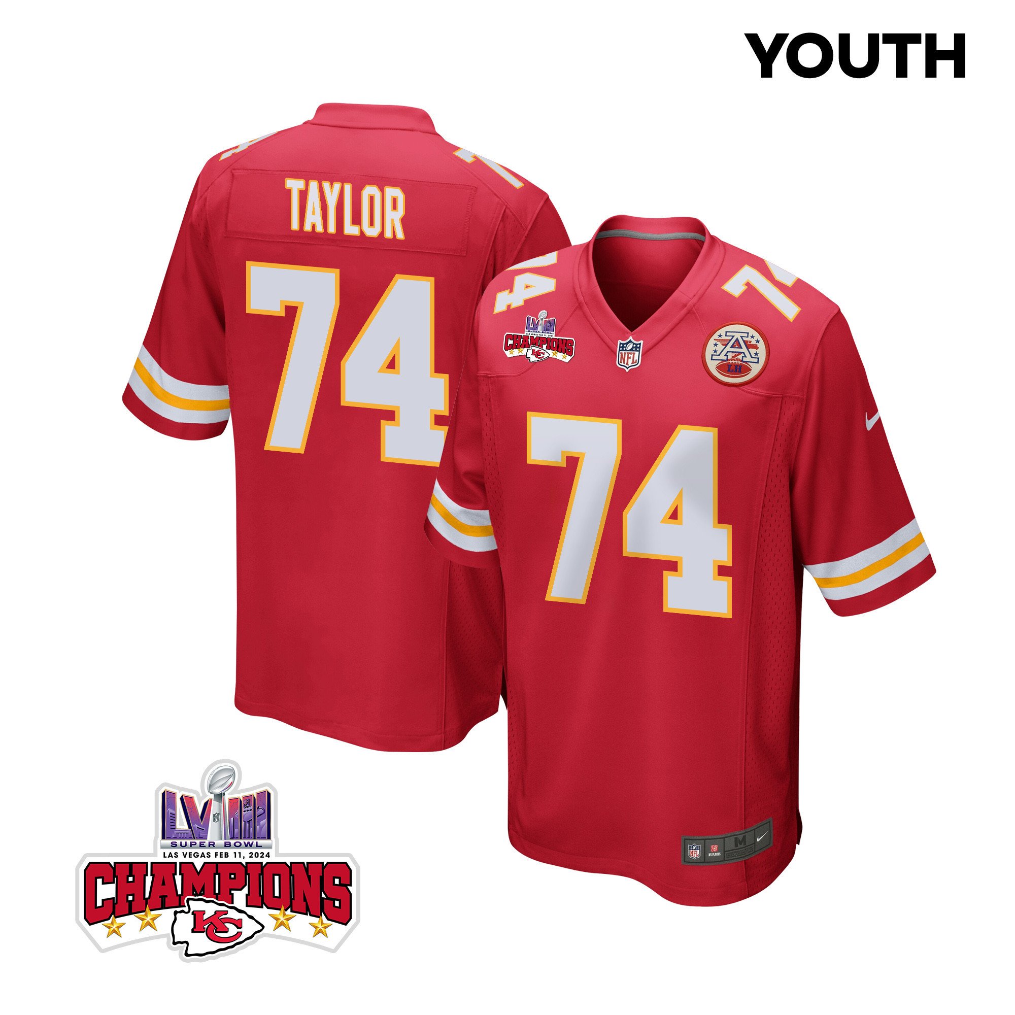 Jawaan Taylor 74 Kansas City Chiefs Super Bowl Lviii Champions 4 Stars Patch Game Youth Jersey - Red Js5258