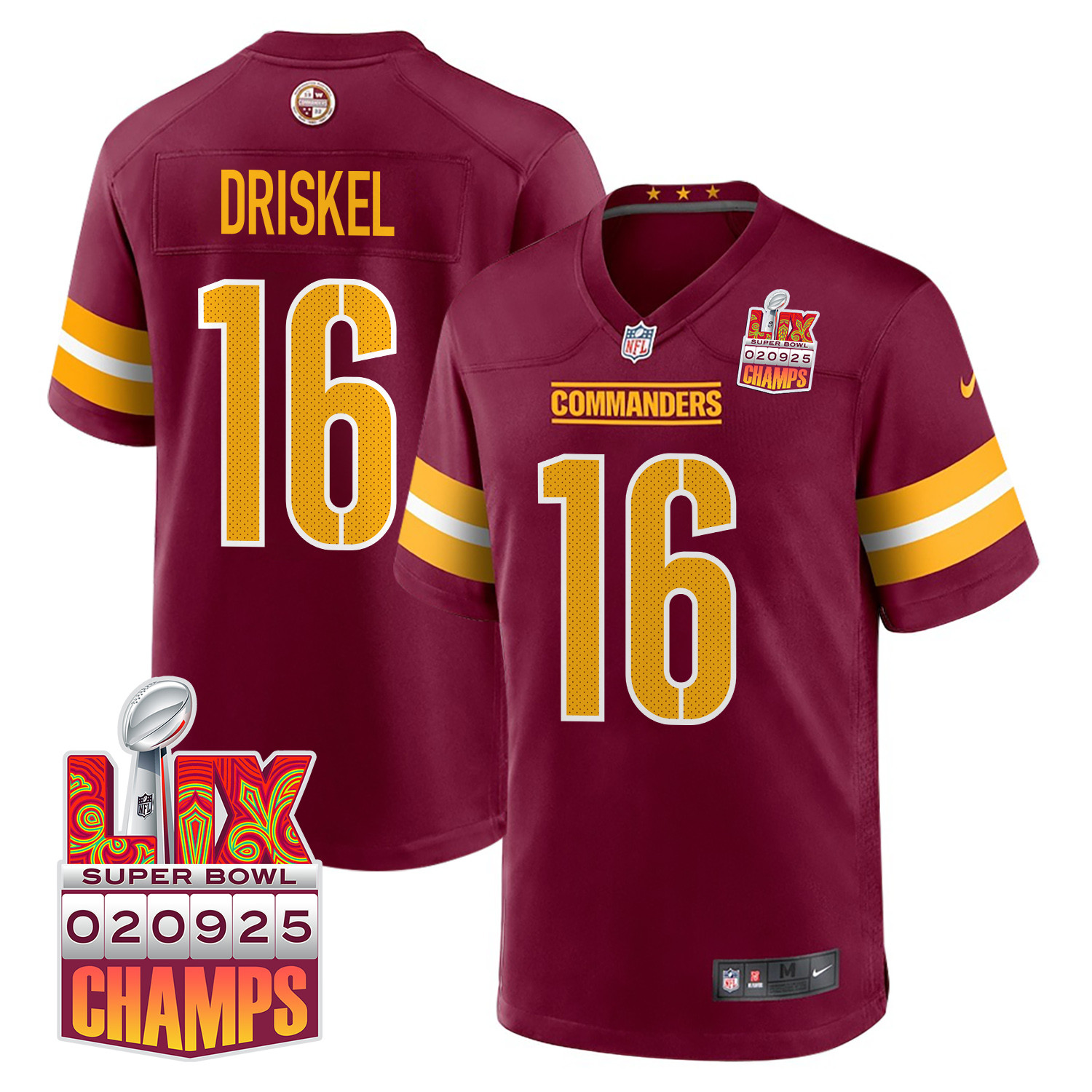 Jeff Driskel 16 Washington Commanders Super Bowl Lix Champions Patch Game Men Jersey - Burgundy Js2731