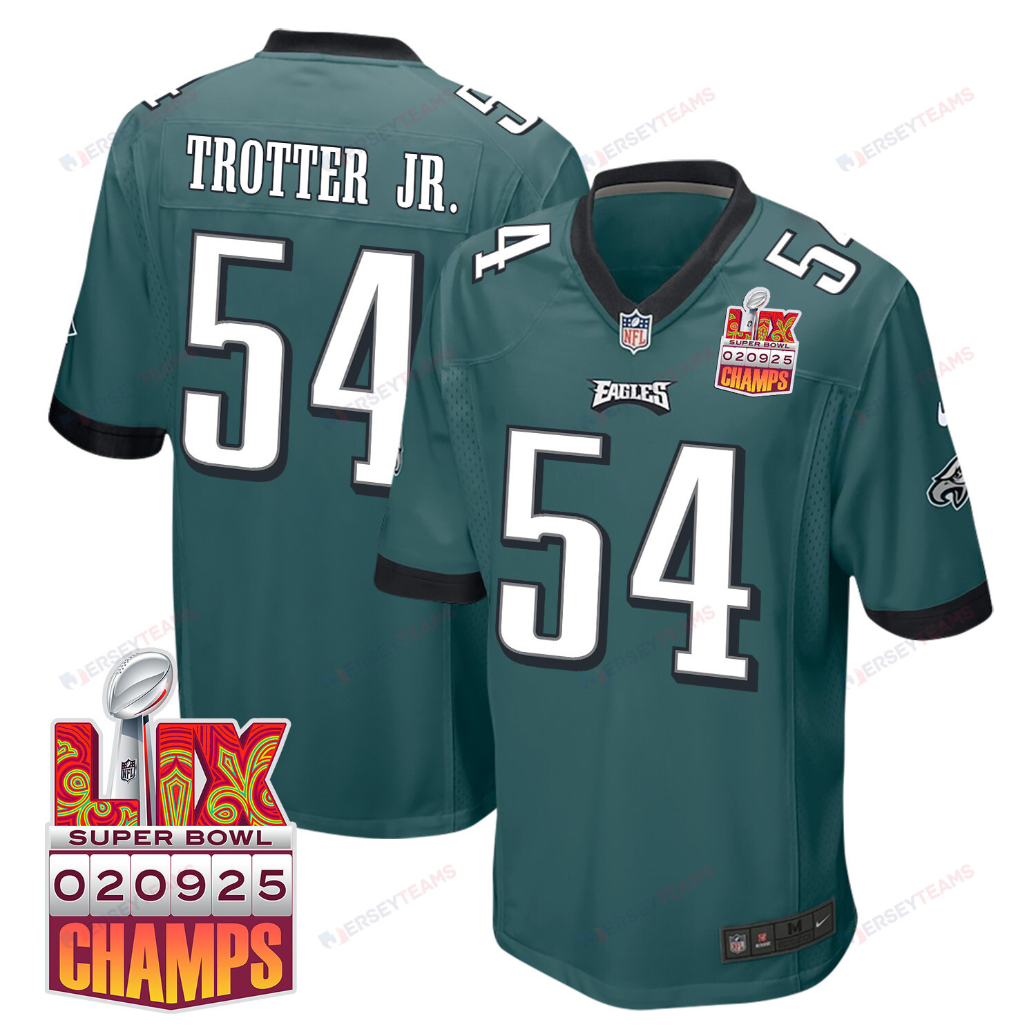 Jeremiah Trotter Jr. 54 Philadelphia Eagles Super Bowl Lix Champions Patch Game Men Jersey - Midnight Green Js1456