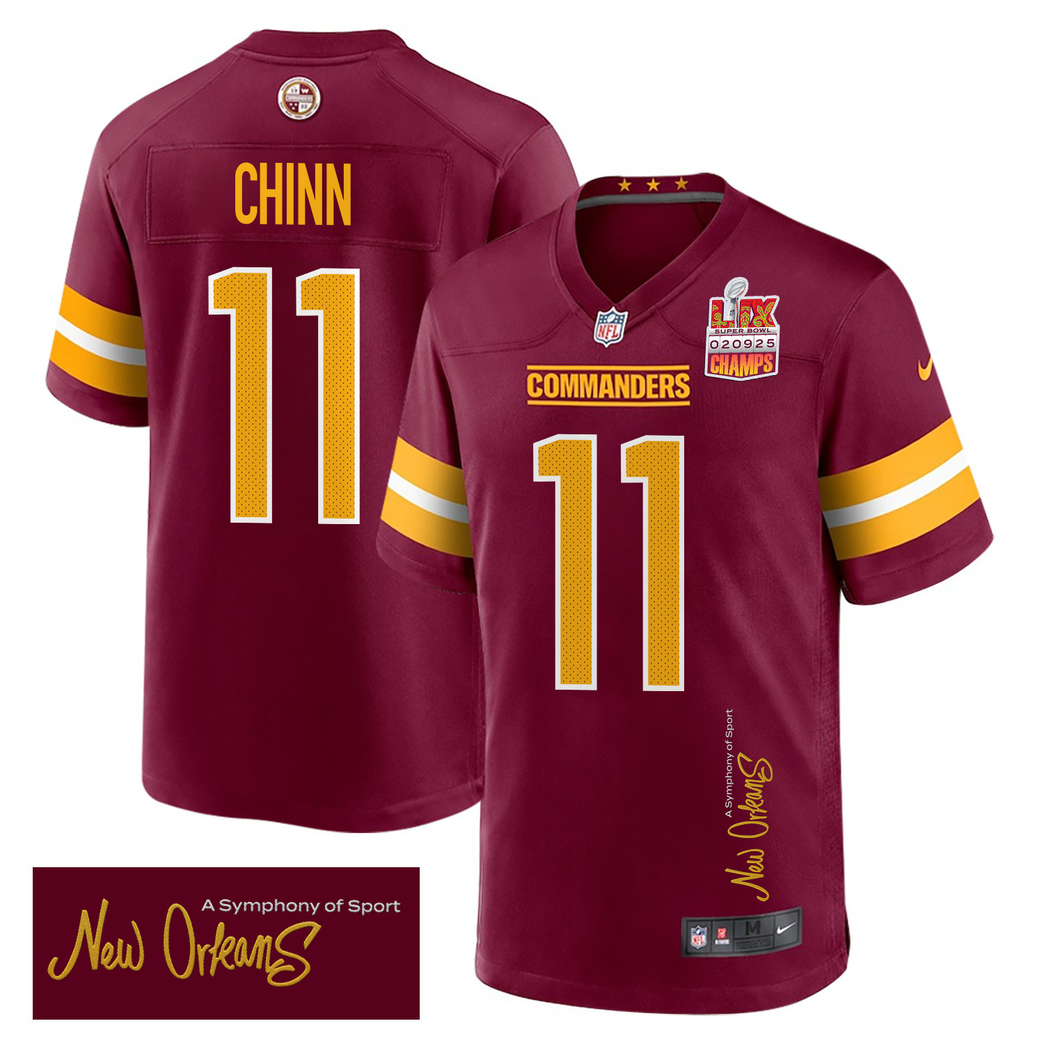 Jeremy Chinn 11 Washington Commanders Super Bowl Lix Champions Patch 'new Orleans - A Symphony Of Sport' Embroidered Game Men Jersey - Burgundy Js5771