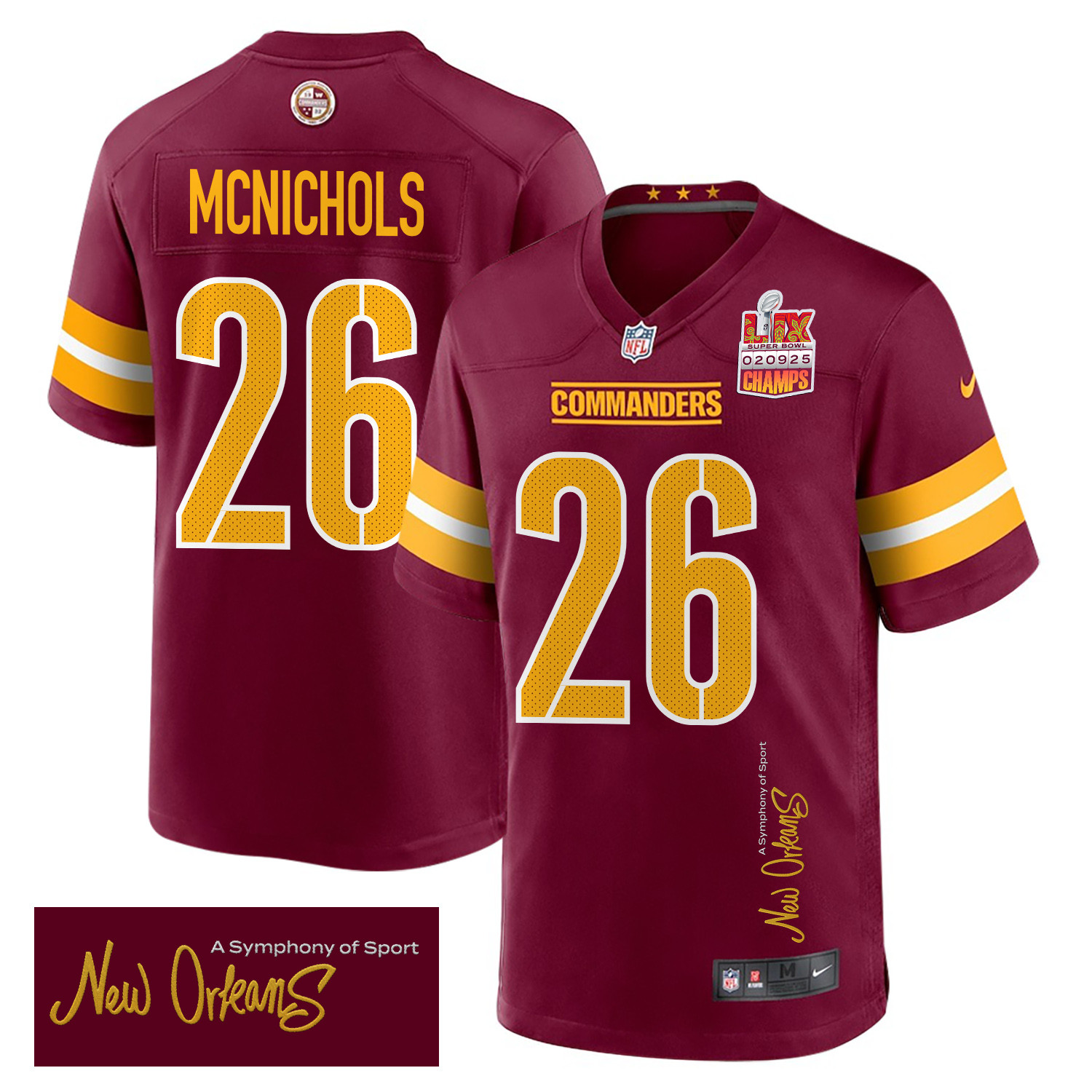 Jeremy Mcnichols 26 Washington Commanders Super Bowl Lix Champions Patch 'new Orleans - A Symphony Of Sport' Embroidered Game Men Jersey - Burgundy Js5952
