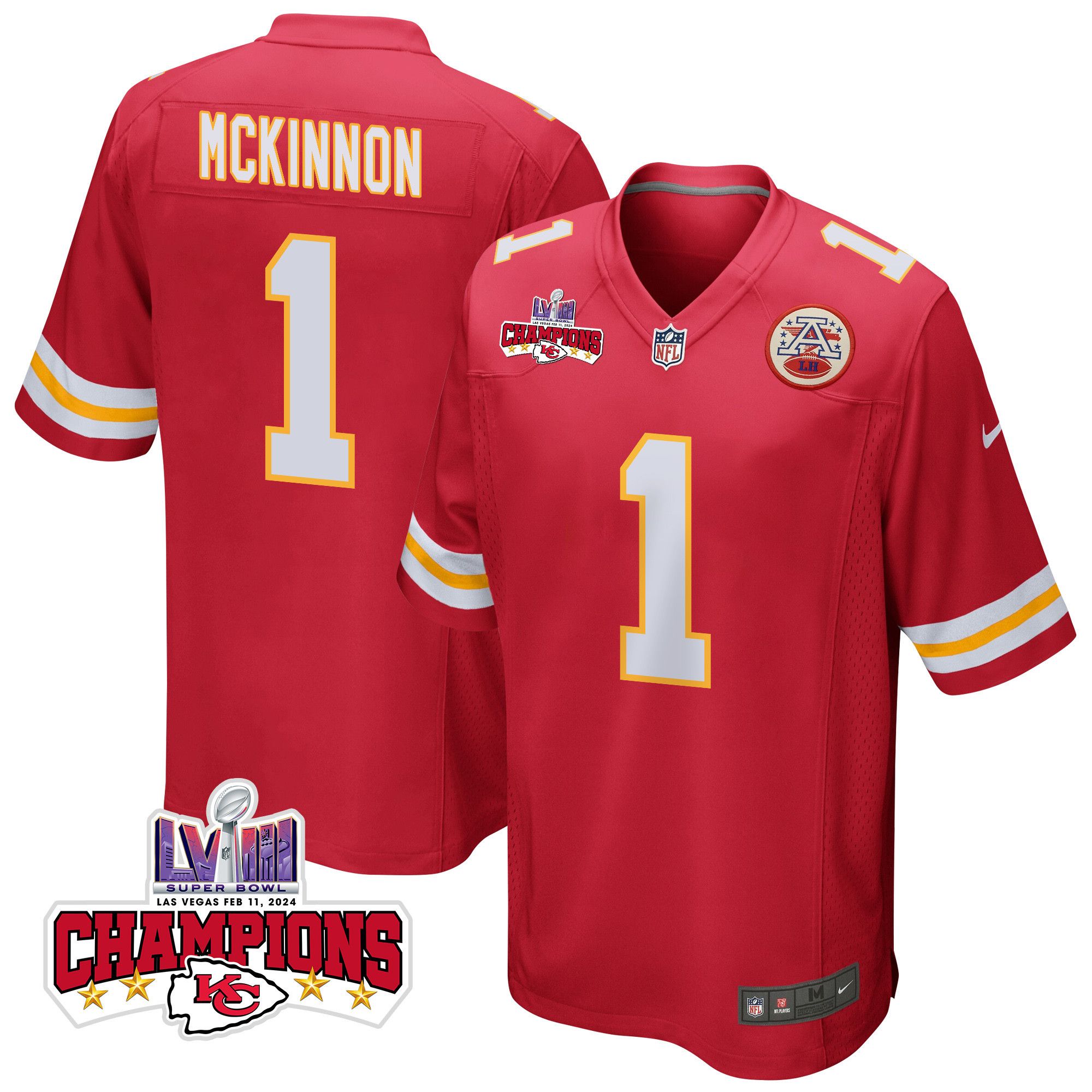 Jerick Mckinnon 1 Kansas City Chiefs Super Bowl Lviii Champions 4 Stars Patch Game Men Jersey - Red Js7000