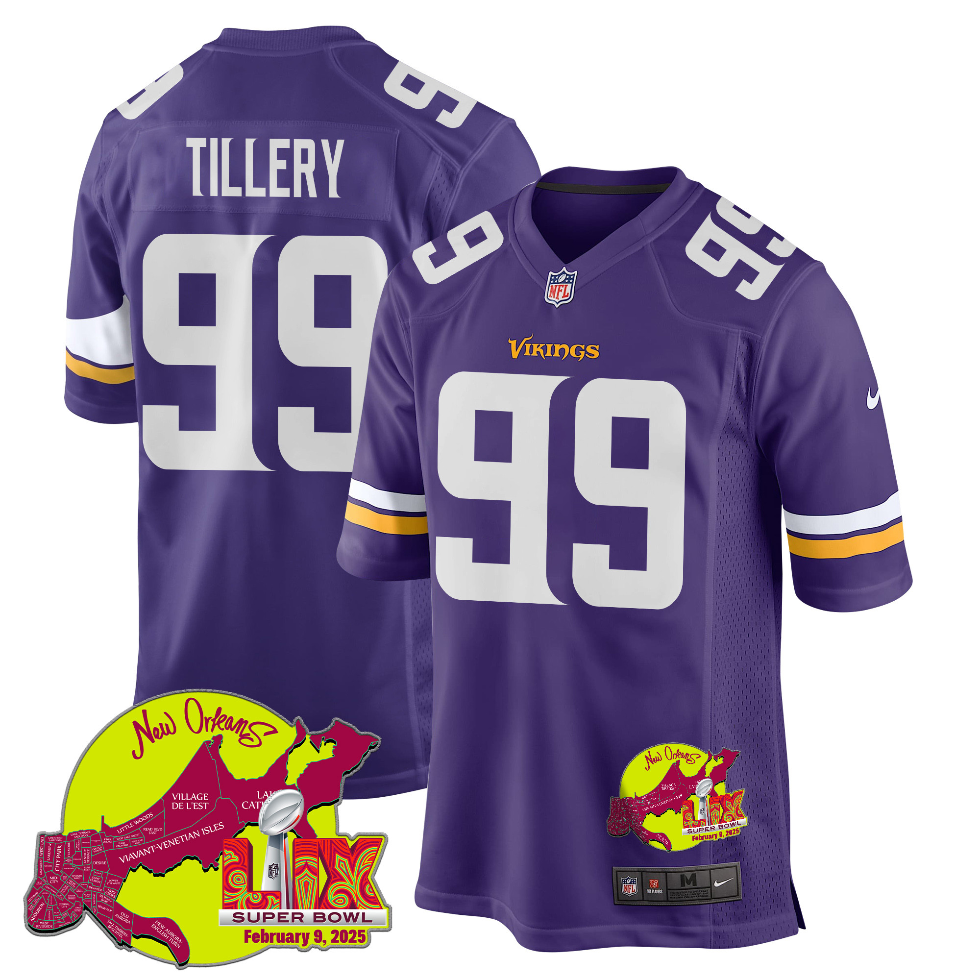 Jerry Tillery 99 Minnesota Vikings Super Bowl Lix New Orleans Patch Game Men Jersey - Purple Js8774