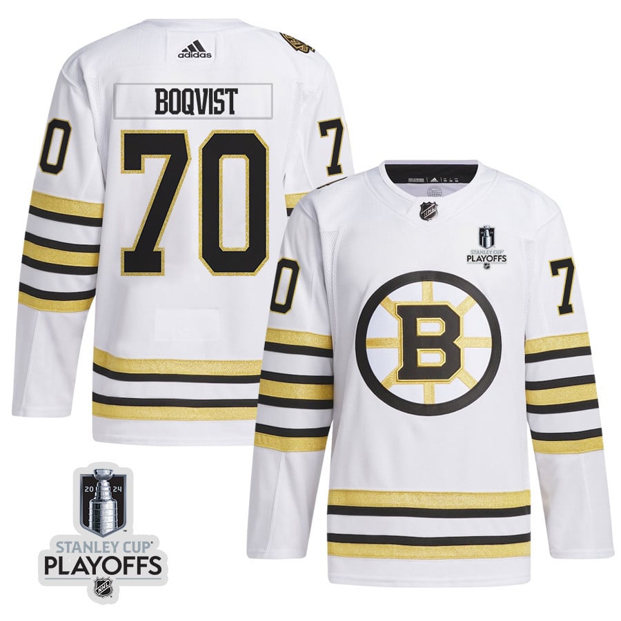 Jesper Boqvist 70 Boston Bruins 2024 Nhl Playoffs Patch Away Jersey - Men, White