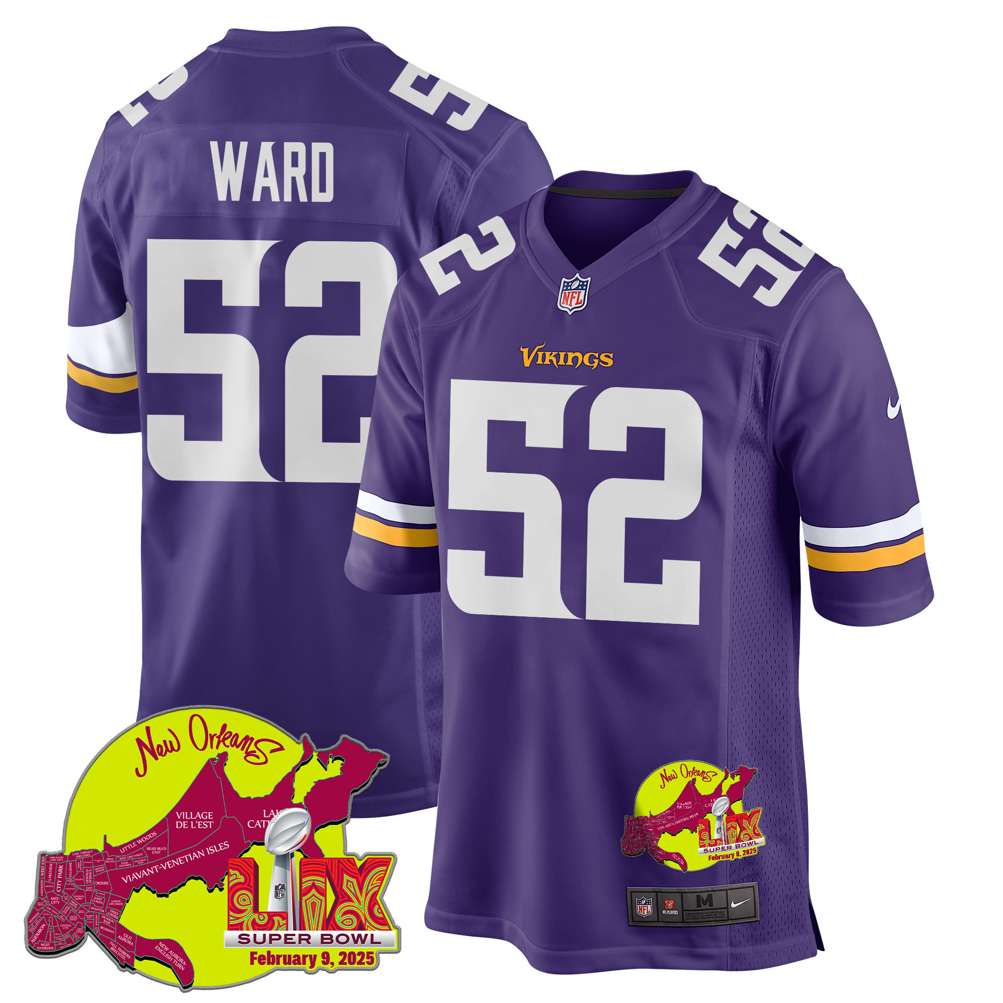 Jihad Ward 52 Minnesota Vikings Super Bowl Lix New Orleans Patch Game Men Jersey - Purple Js7420