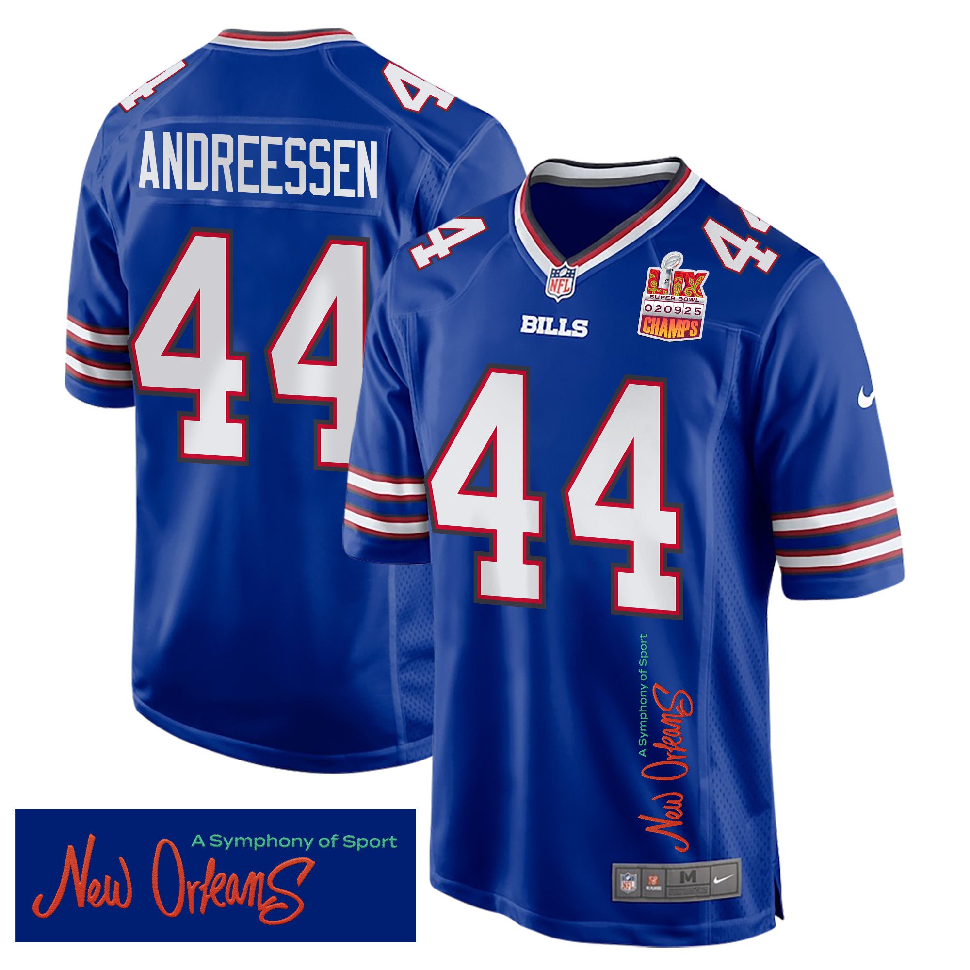 Joe Andreessen 44 Buffalo Bills Super Bowl Lix Champions Patch 'new Orleans - A Symphony Of Sport' Embroidered Game Men Jersey - Royal Js4106