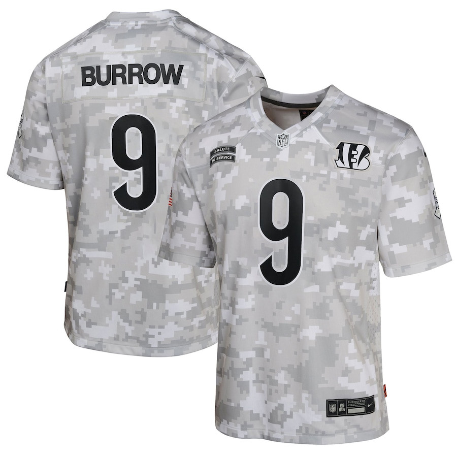 Joe Burrow 9 Cincinnati Bengals 2024 Salute To Service Game Youth Jersey - Arctic Camo Js3128