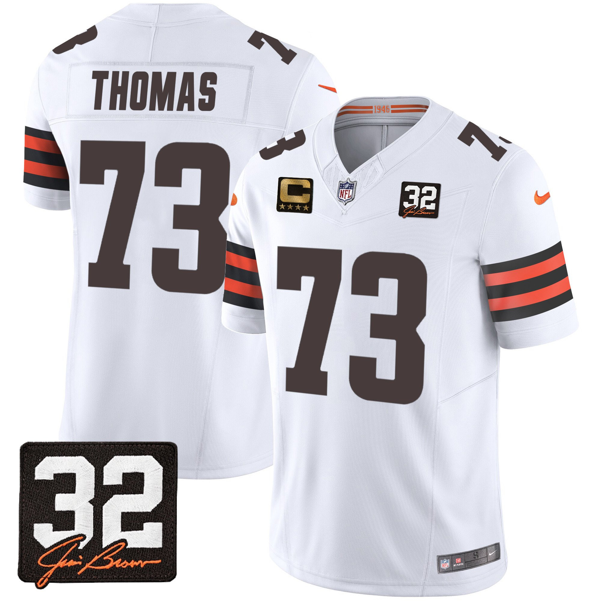 Joe Thomas 73 Cleveland Browns Jim Brown Memorial Patch Game Men Jersey - White Js9940