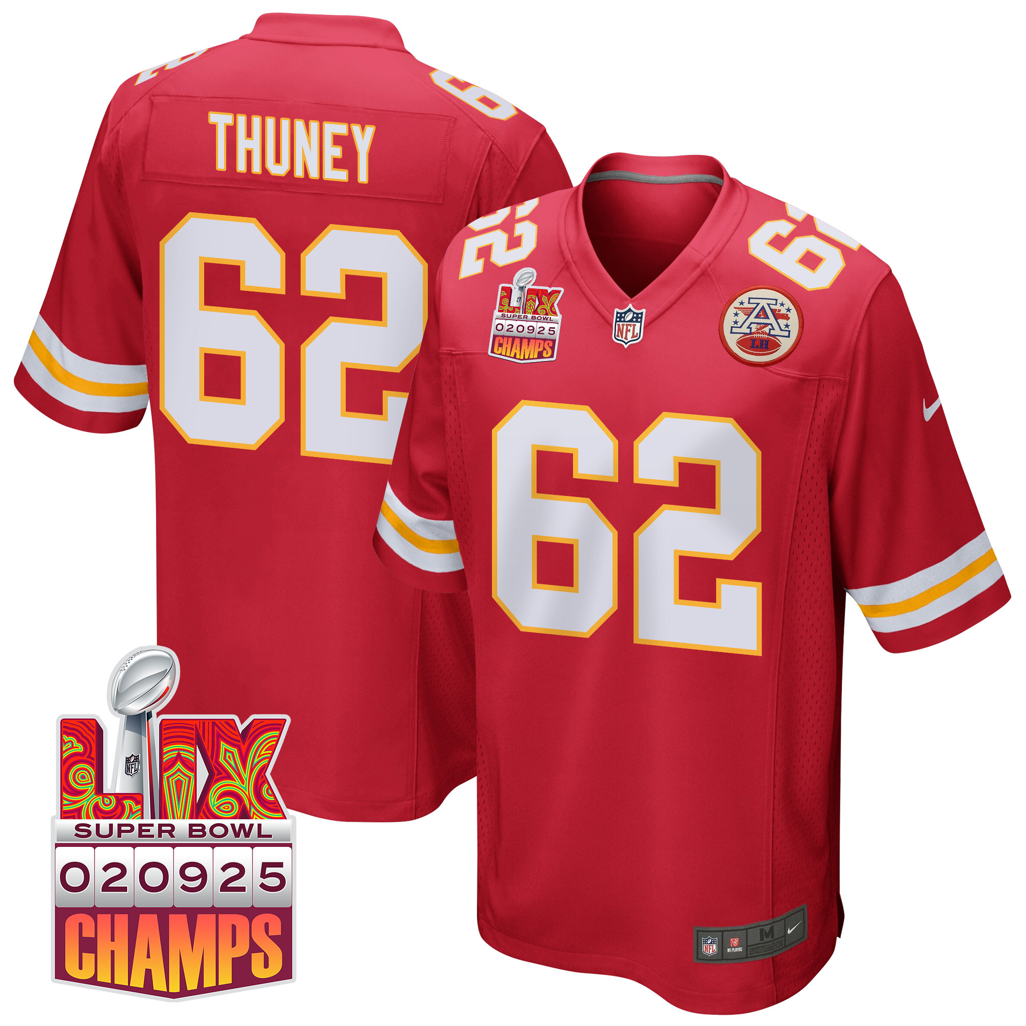 Joe Thuney 62 Kansas City Chiefs Super Bowl Lix Champions Patch Game Men Jersey - Red Js4719