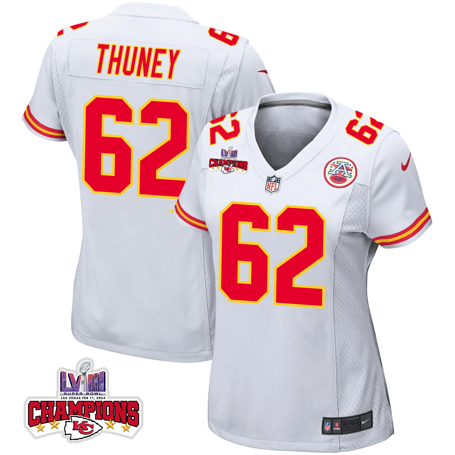 Joe Thuney 62 Kansas City Chiefs Super Bowl Lviii Champions 4 Stars Patch Game Women Jersey - White Js4061