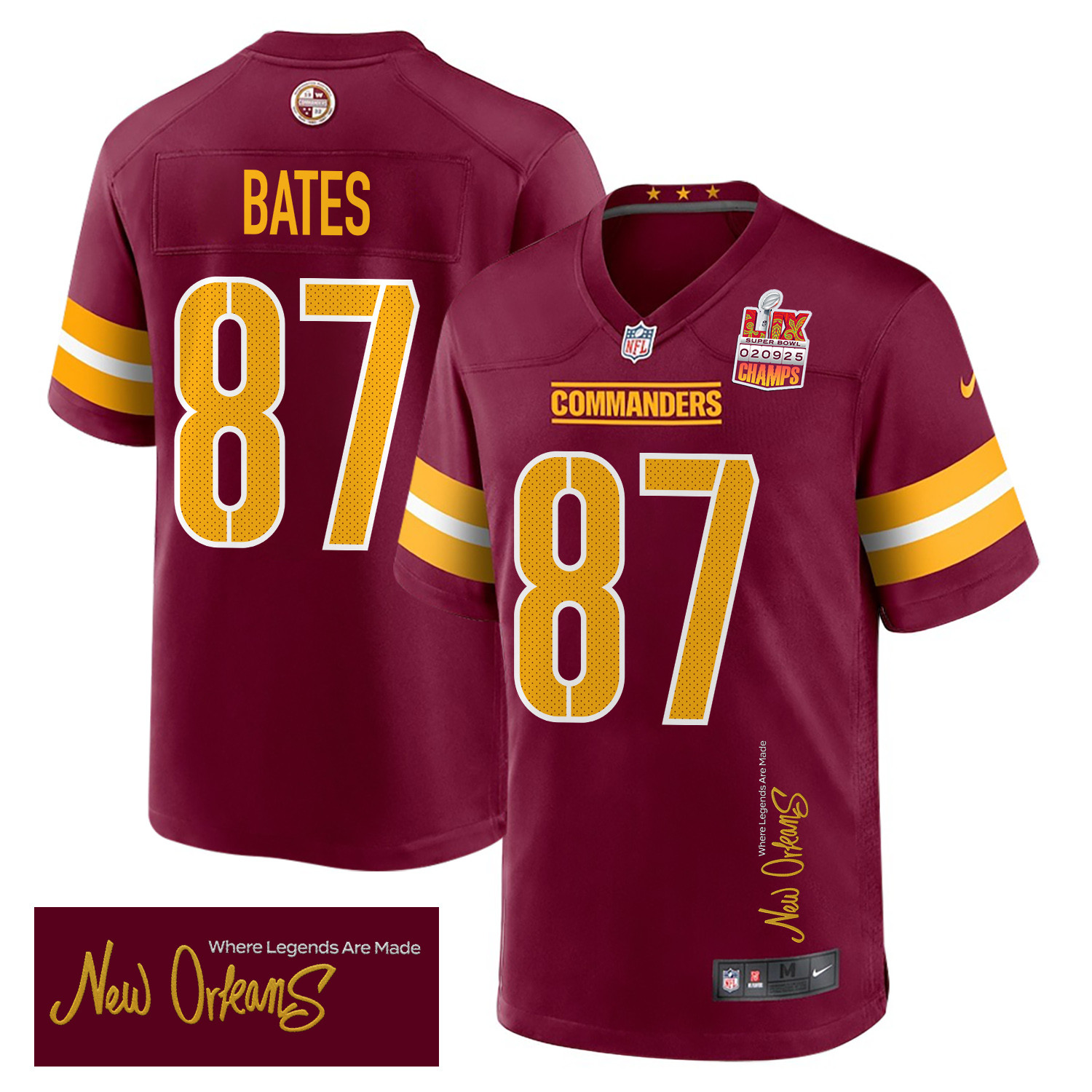 John Bates 87 Washington Commanders Super Bowl Lix Champions Patch 'new Orleans - Where Legends Are Made' Embroidered Game Men Jersey - Burgundy Js1518