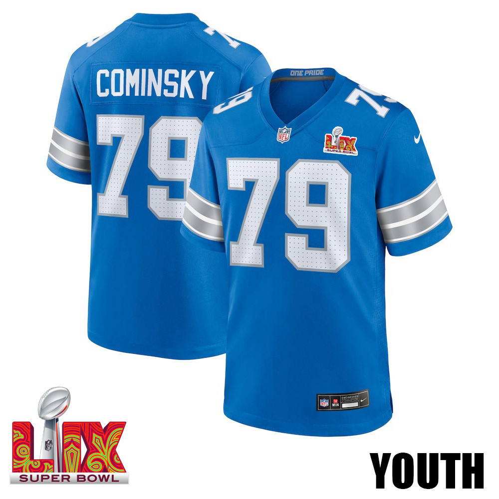John Cominsky #79 Detroit Lions Super Bowl Lix Youth Jersey - Blue Js9952