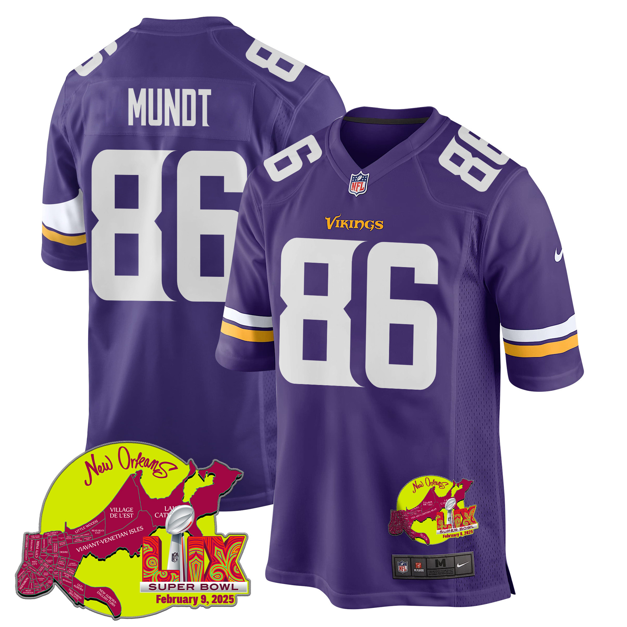 Johnny Mundt 86 Minnesota Vikings Super Bowl Lix New Orleans Patch Game Men Jersey - Purple Js9271