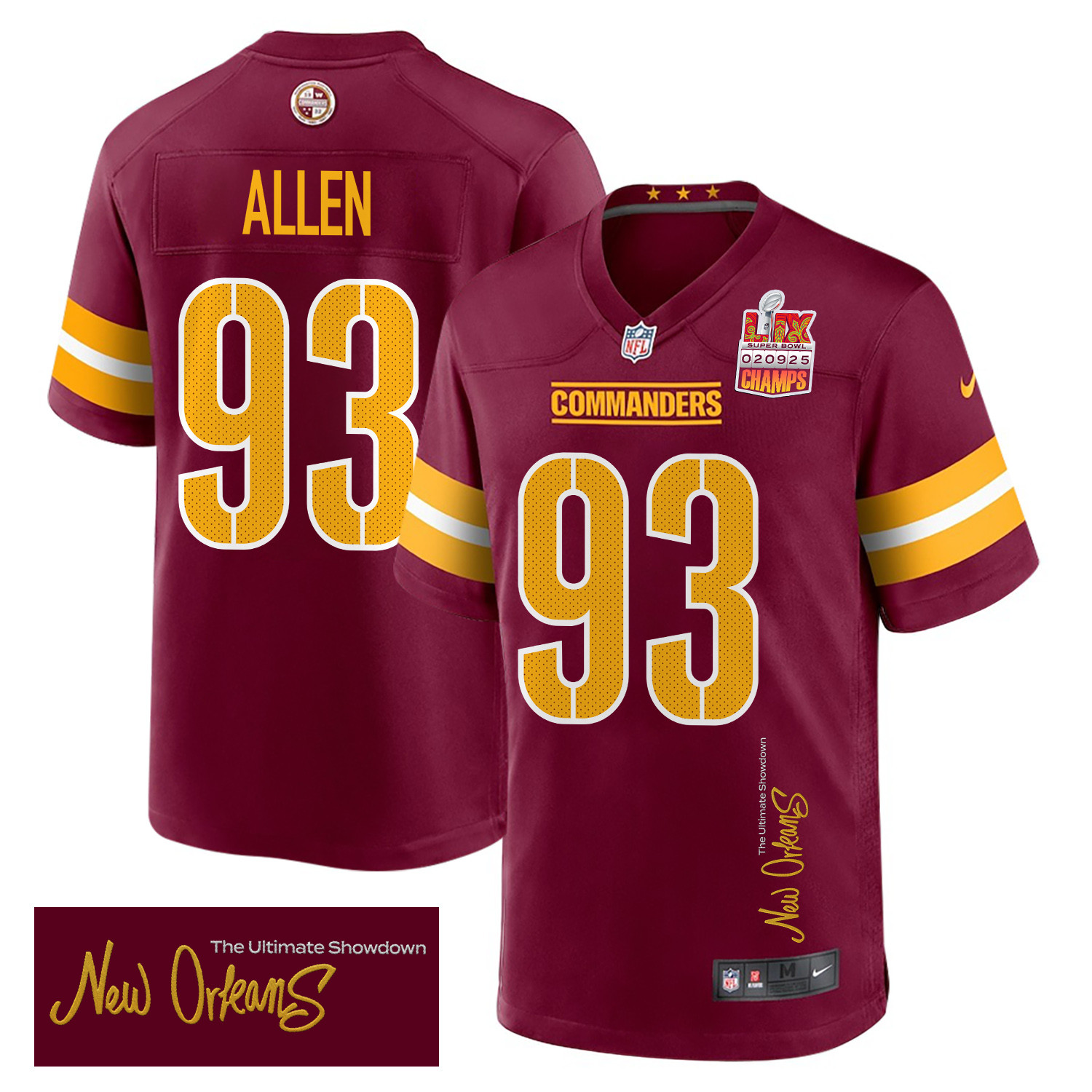Jonathan Allen 93 Washington Commanders Super Bowl Lix Champions Patch 'new Orleans - The Ultimate Showdown' Embroidered Game Men Jersey - Burgundy Js2002