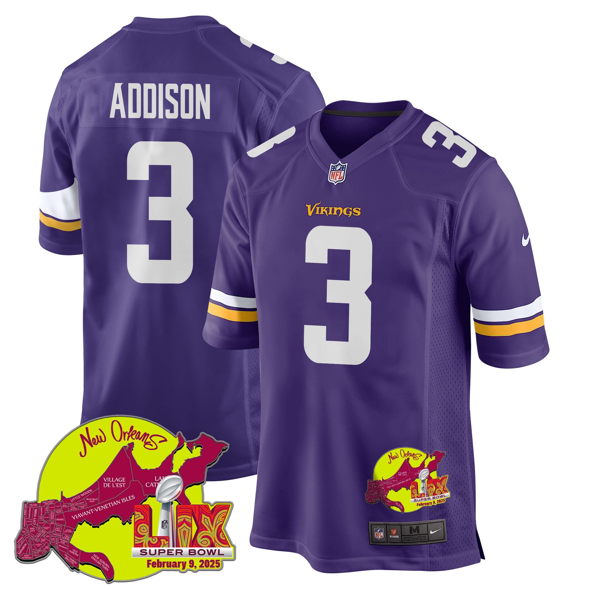 Jordan Addison 3 Minnesota Vikings Super Bowl Lix New Orleans Patch Game Men Jersey - Purple Js9471