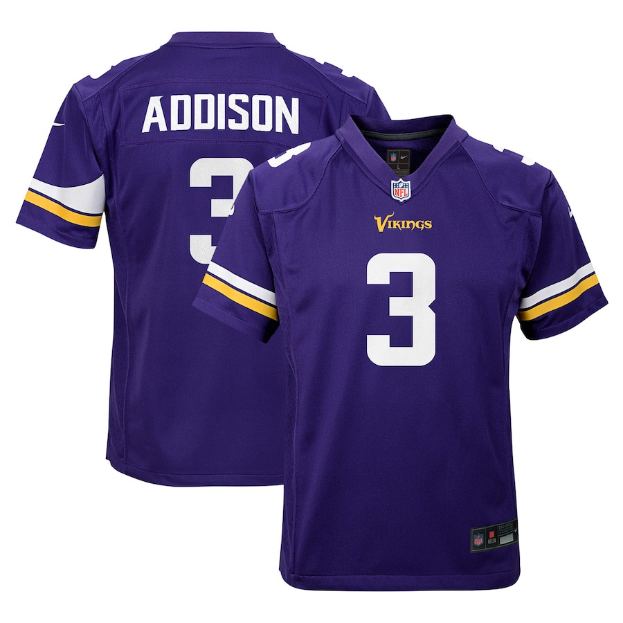 Jordan Addison 3 Minnesota Vikings Team Player Game Youth Jersey - Purple Js3814