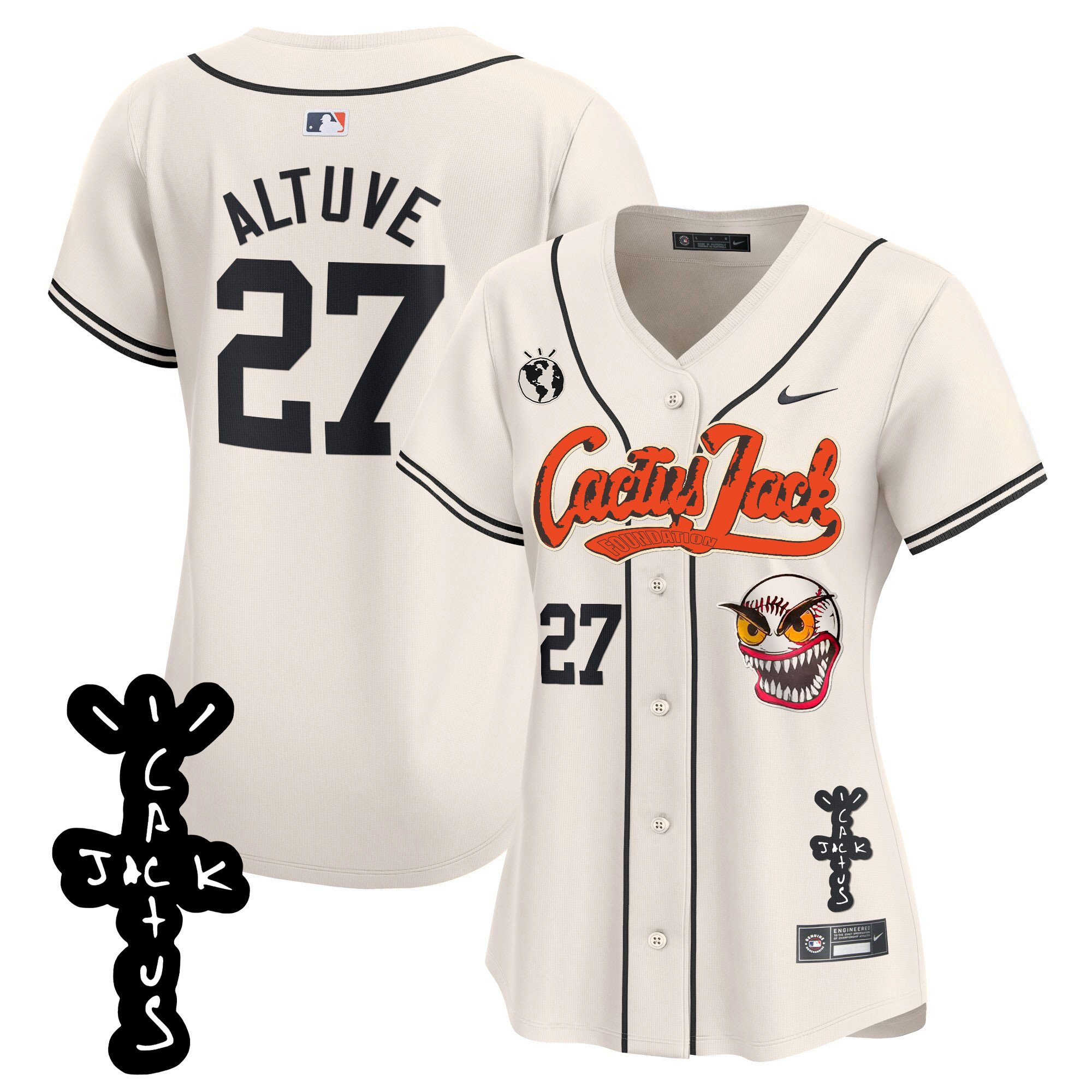 Jos? Altuve 27 Houston Astros Cactus Jack Patch V2 Women Jersey - Cream