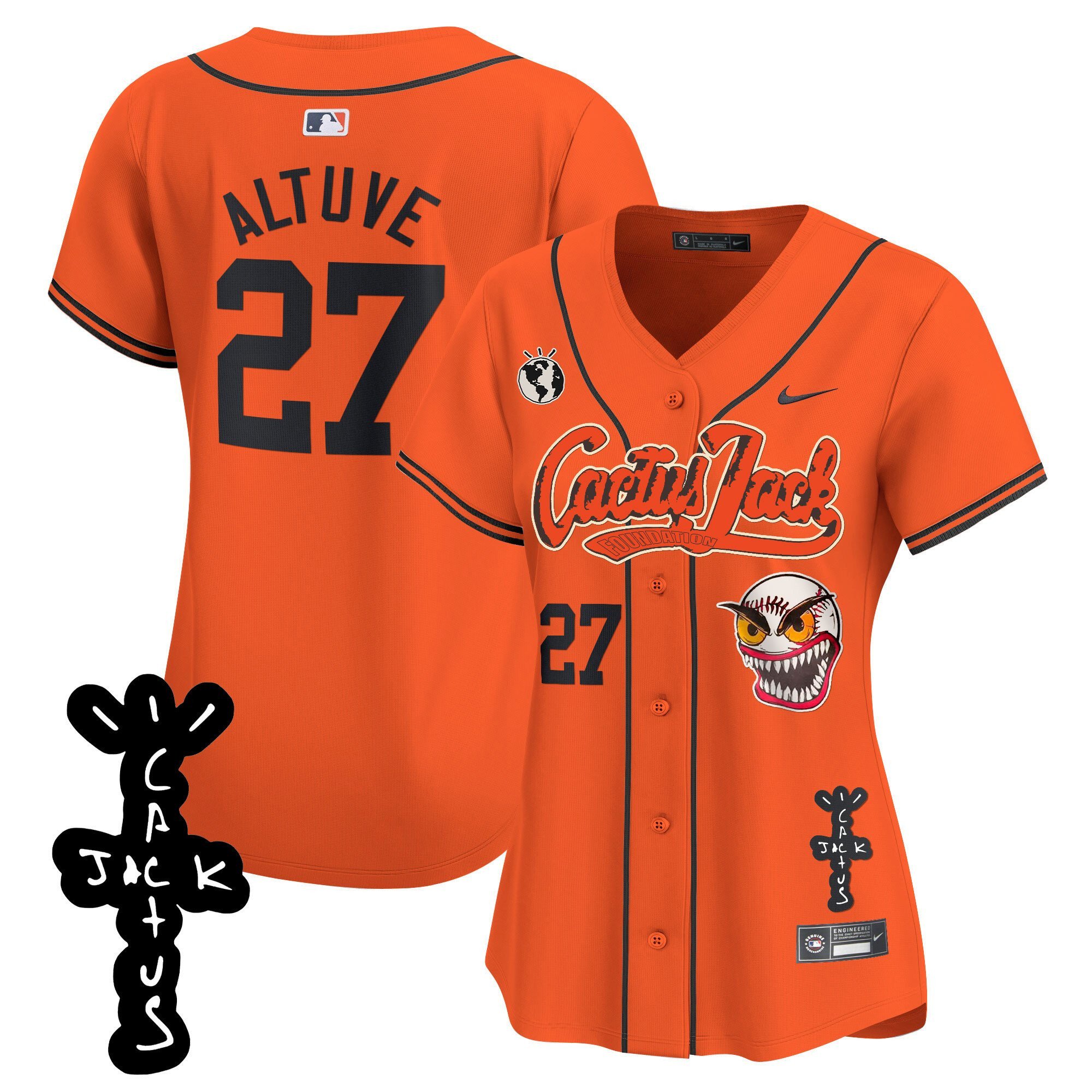 Jos? Altuve 27 Houston Astros Cactus Jack Patch V2 Women Jersey - Orange