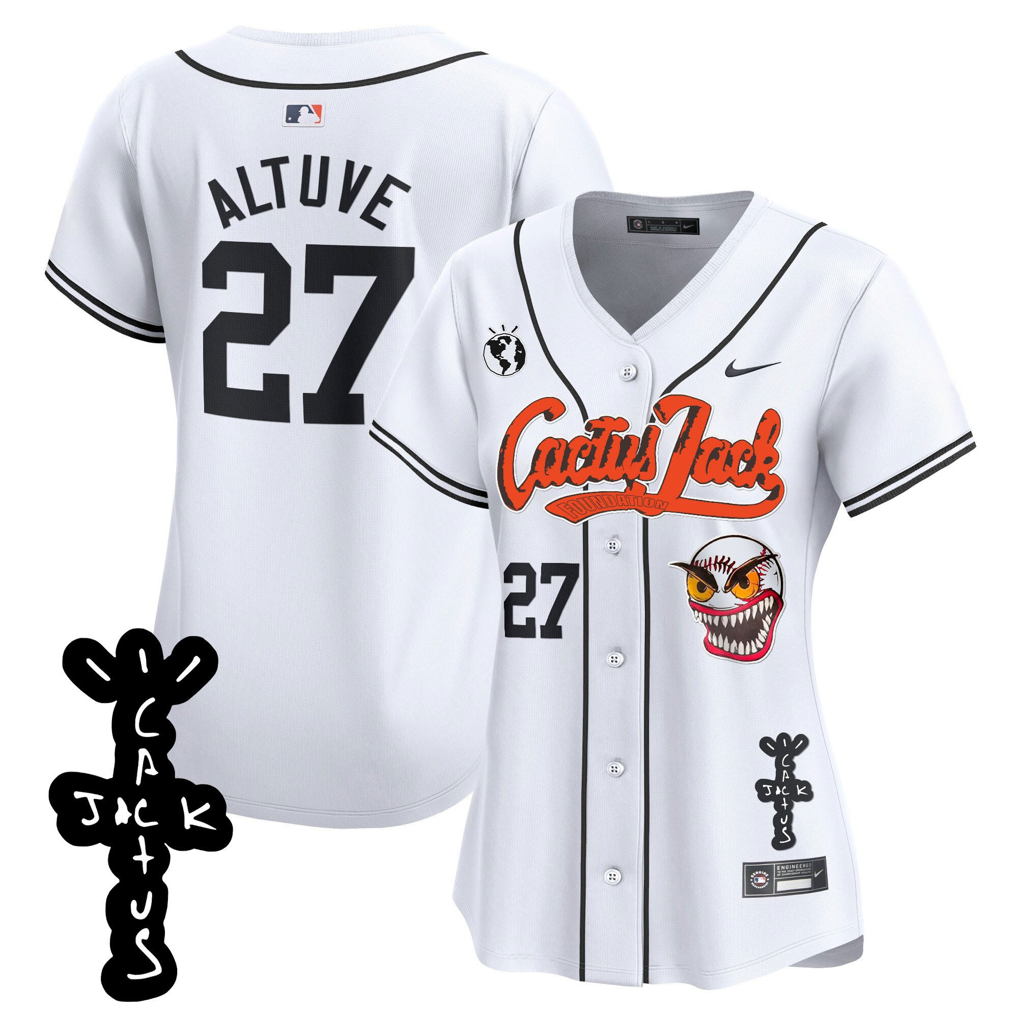 Jos? Altuve 27 Houston Astros Cactus Jack Patch V2 Women Jersey - White