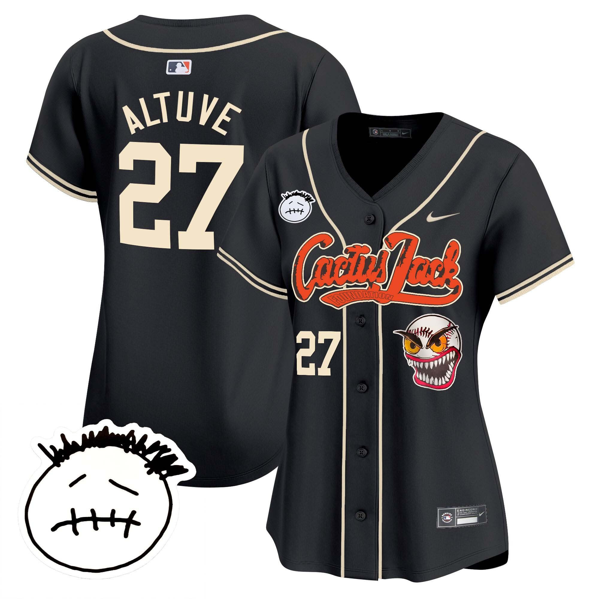 Jos? Altuve 27 Houston Astros Cactus Jack Patch V3 Women Jersey - Black
