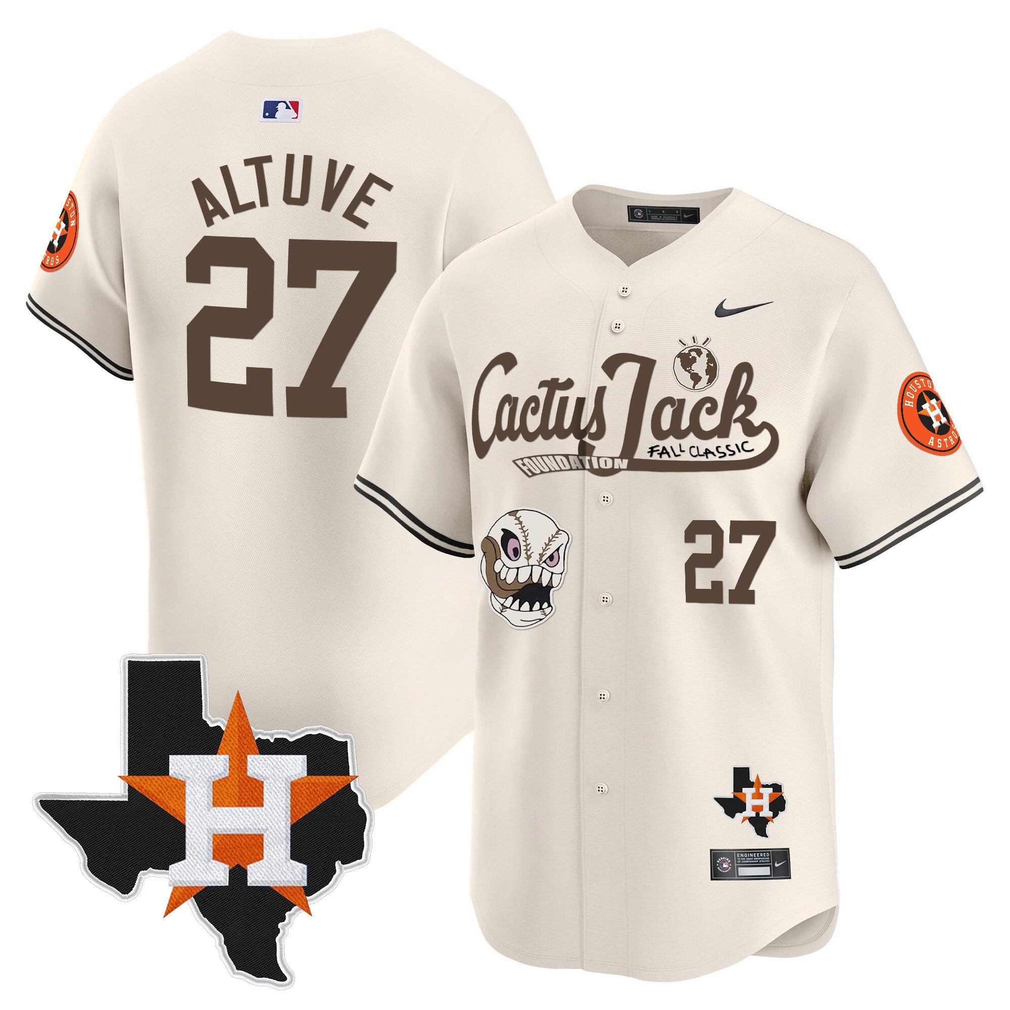 Jose Altuve 27 Houston Astros Cactus Jack Foundation Fall Classic Limited Jersey - Men, Cream